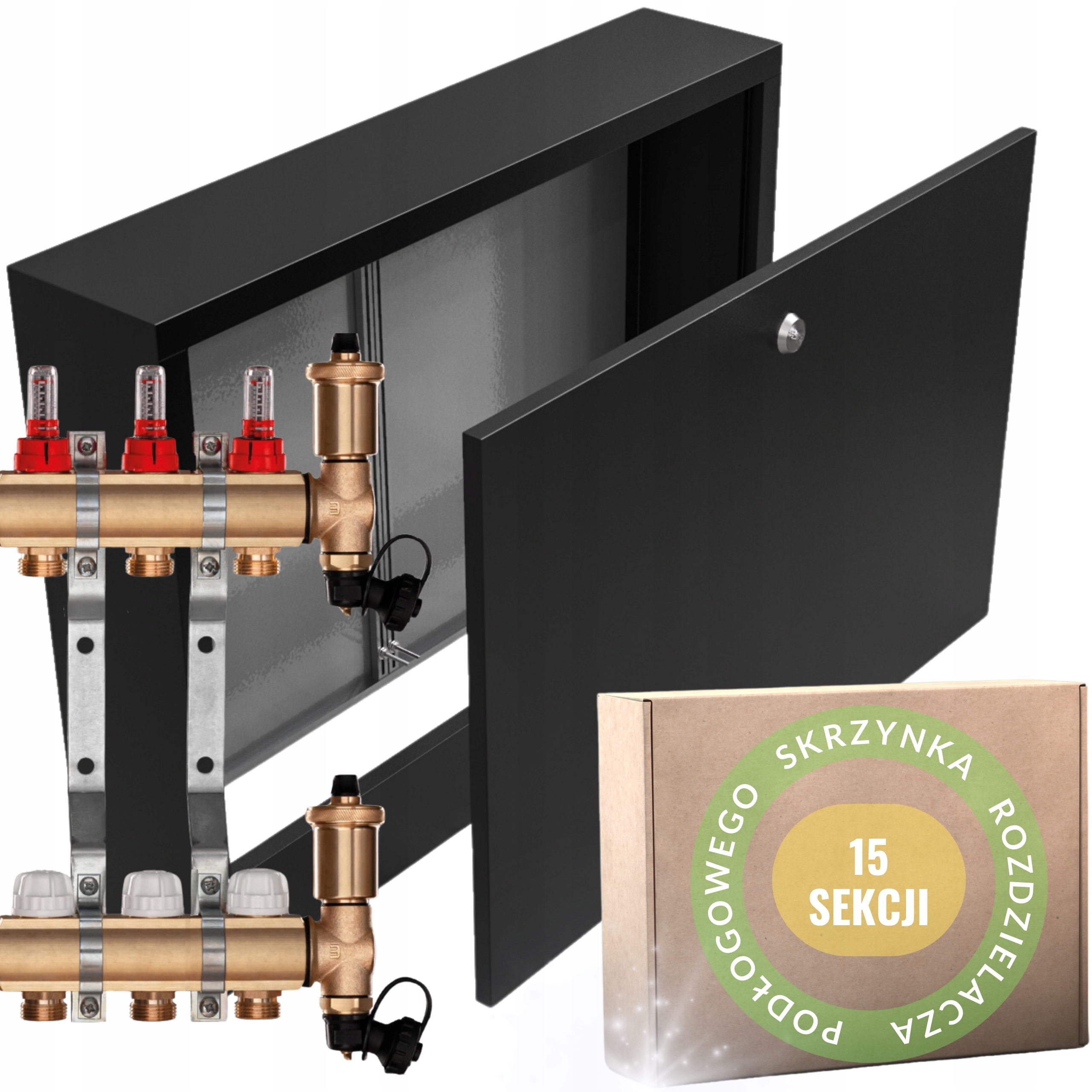 Mosazný rozdělovač C.o 15 pro podlahovku a Nástěnný Box Černý