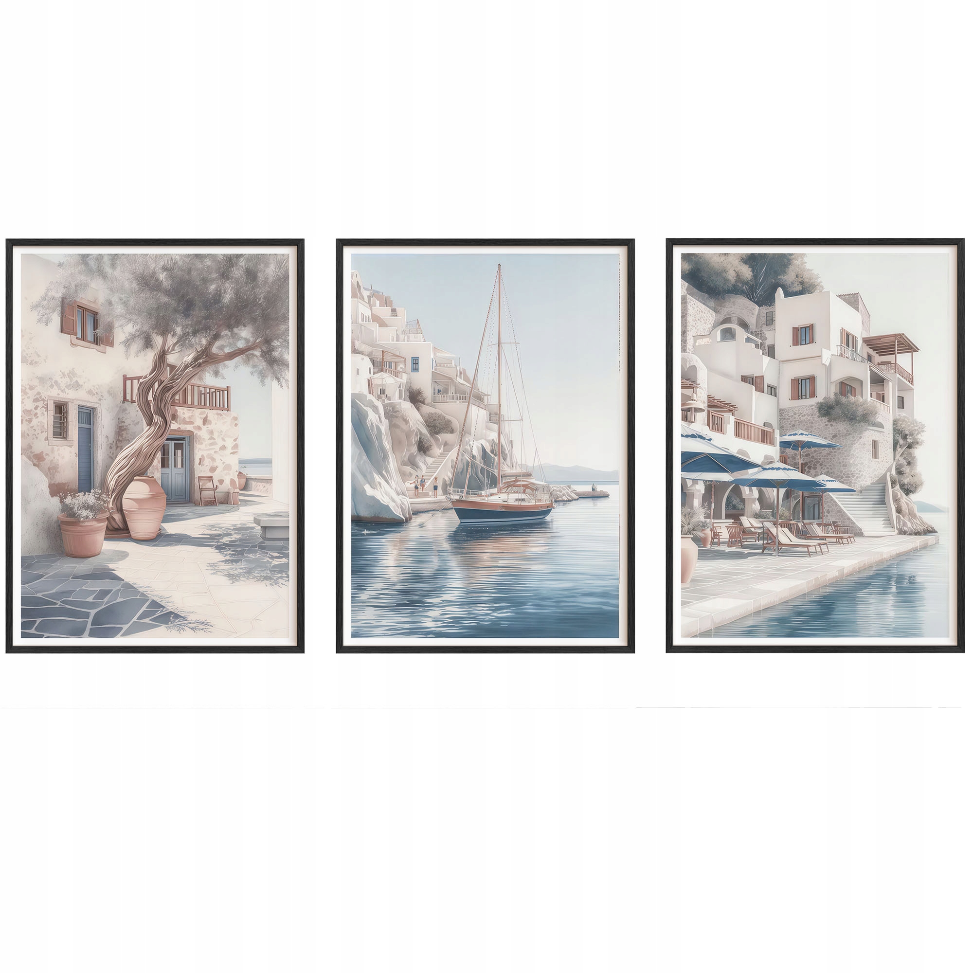 Obrazy Řecko Santorini Moře Plakáty Rámečky Dřevěné Černé 3ks 30x42 cm