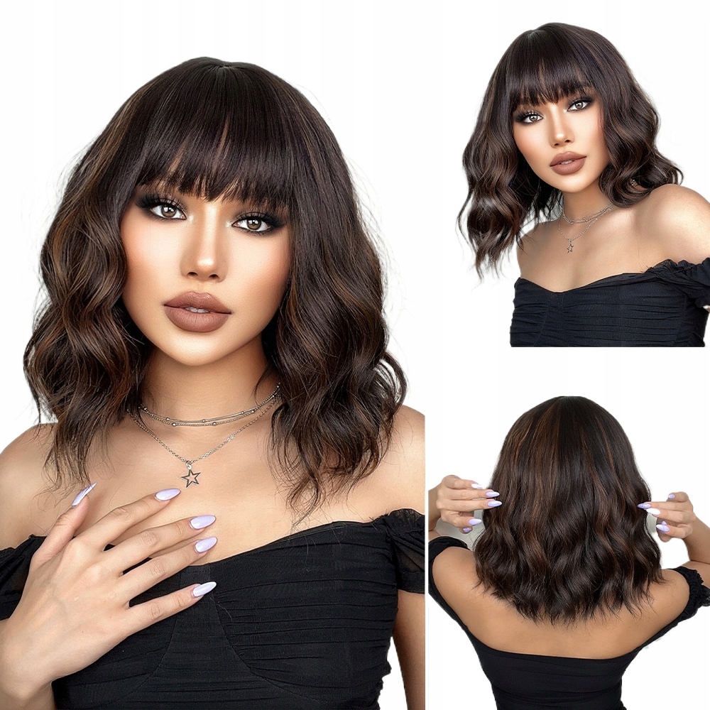 Černá hnědá paruka Dlouhá k ramenům Vlny s ofinou Paruky