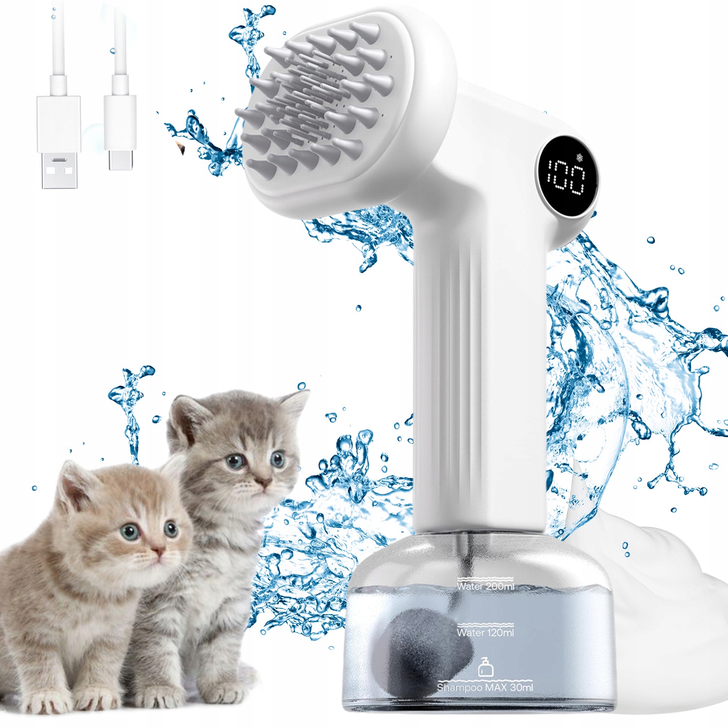 Levně Kartáč Na Mytí Psa Rozprašovač Na Pěnu Dva Režimy 300 ML Led Displej