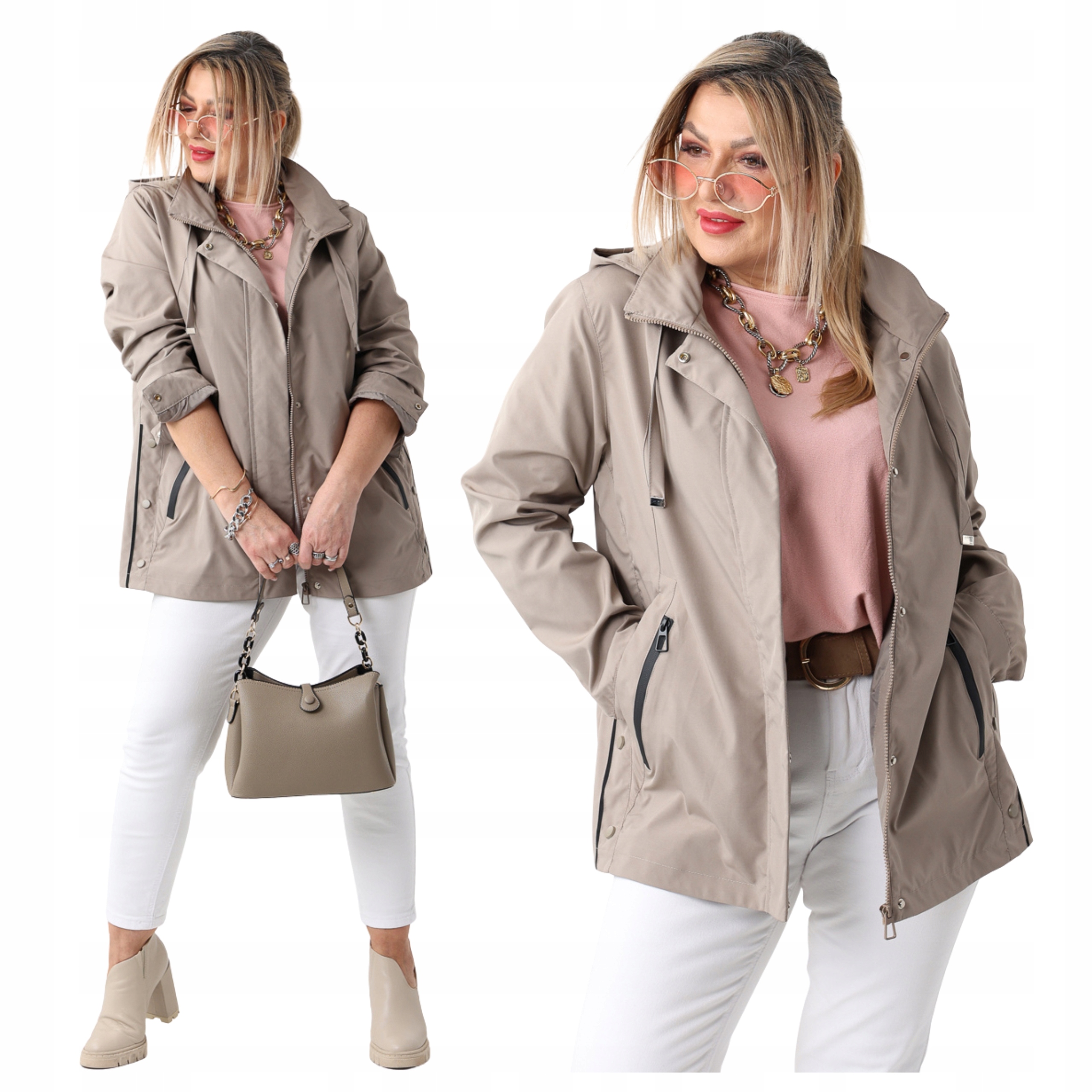 Cienka Kurtka Przejściowa Damska Lekka Duże Rozmiary Z Odpinanym Kapturem