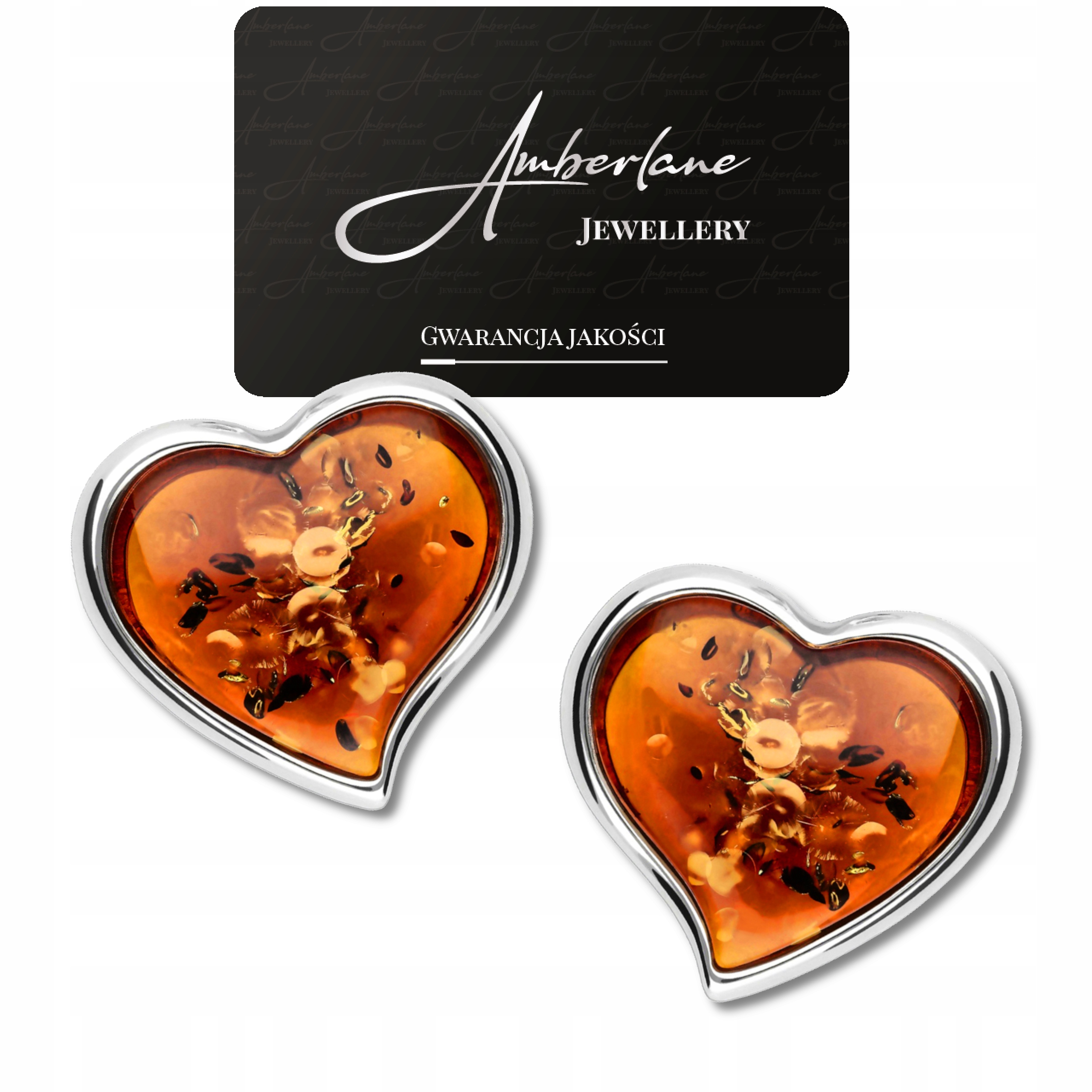 Srebrne Kolczyki Serca srebro 925 z BURSZTYNEM–elegancka biżuteria Dla Niej