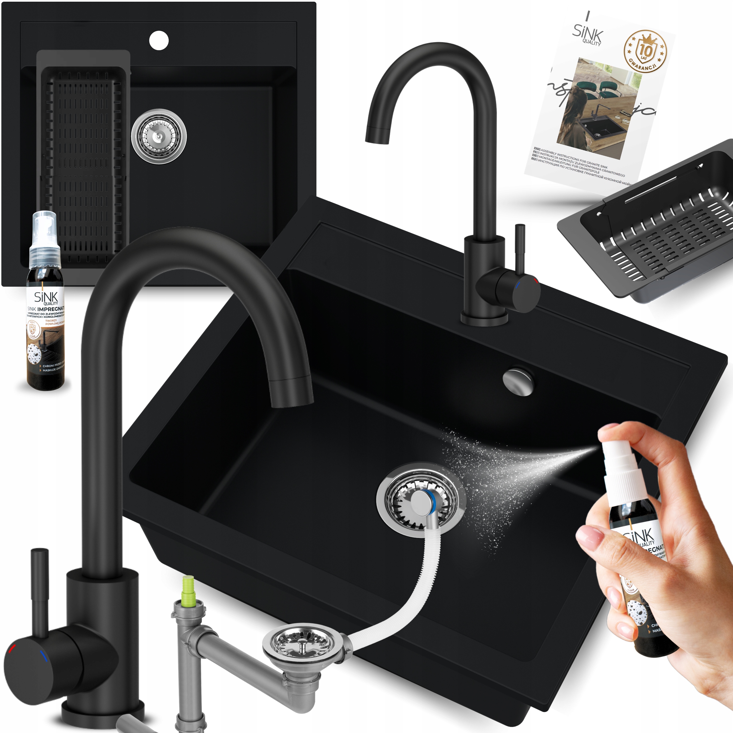 Jednokomorový granitový kuchynský Drez 60 cm, čierny, S Batériou 9v1