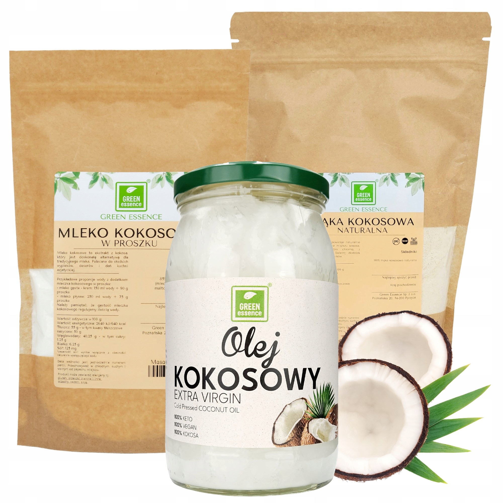 Levně Kokosová mouka 1 kg Kokosový olej Extra 900 ml a Kokosové mléko prášek 250 g