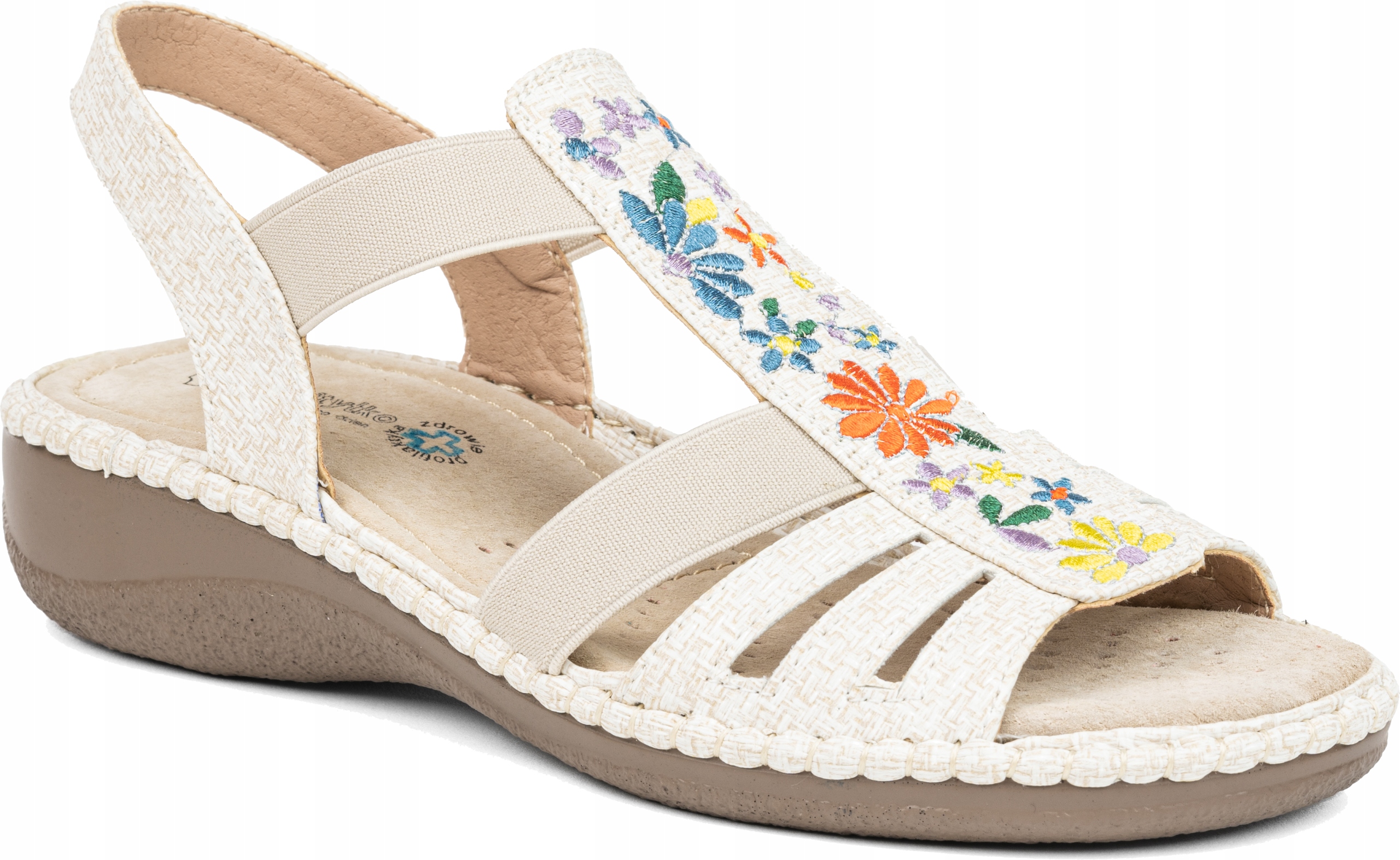 Sandały damskie w.SKÓRA beż kolorowy haft kwiaty Miękkie piękne Wojtyłko 39