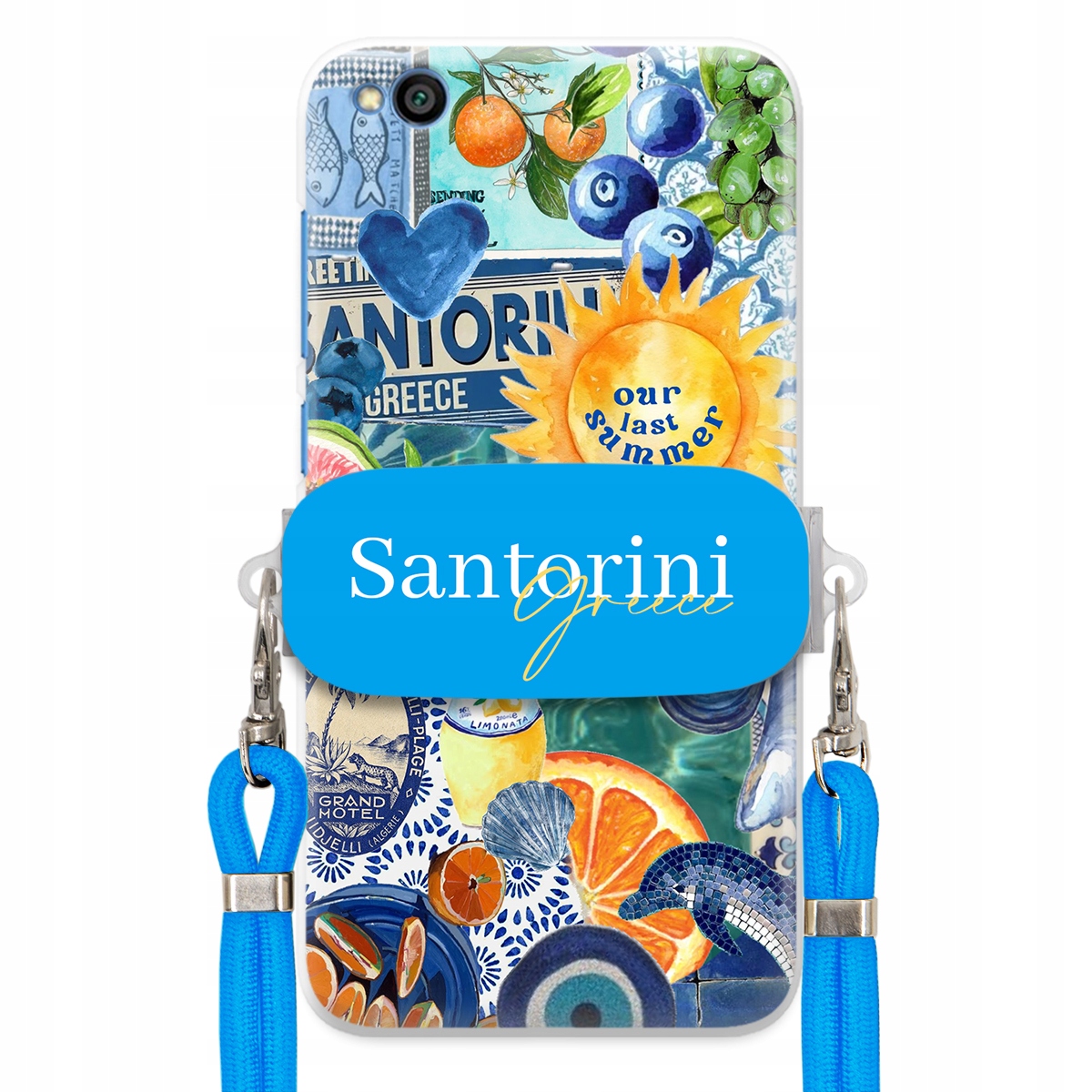 Pouzdro pro Xiaomi Redmi Go Modré Crossbody vodítko Držák Santorini Greece