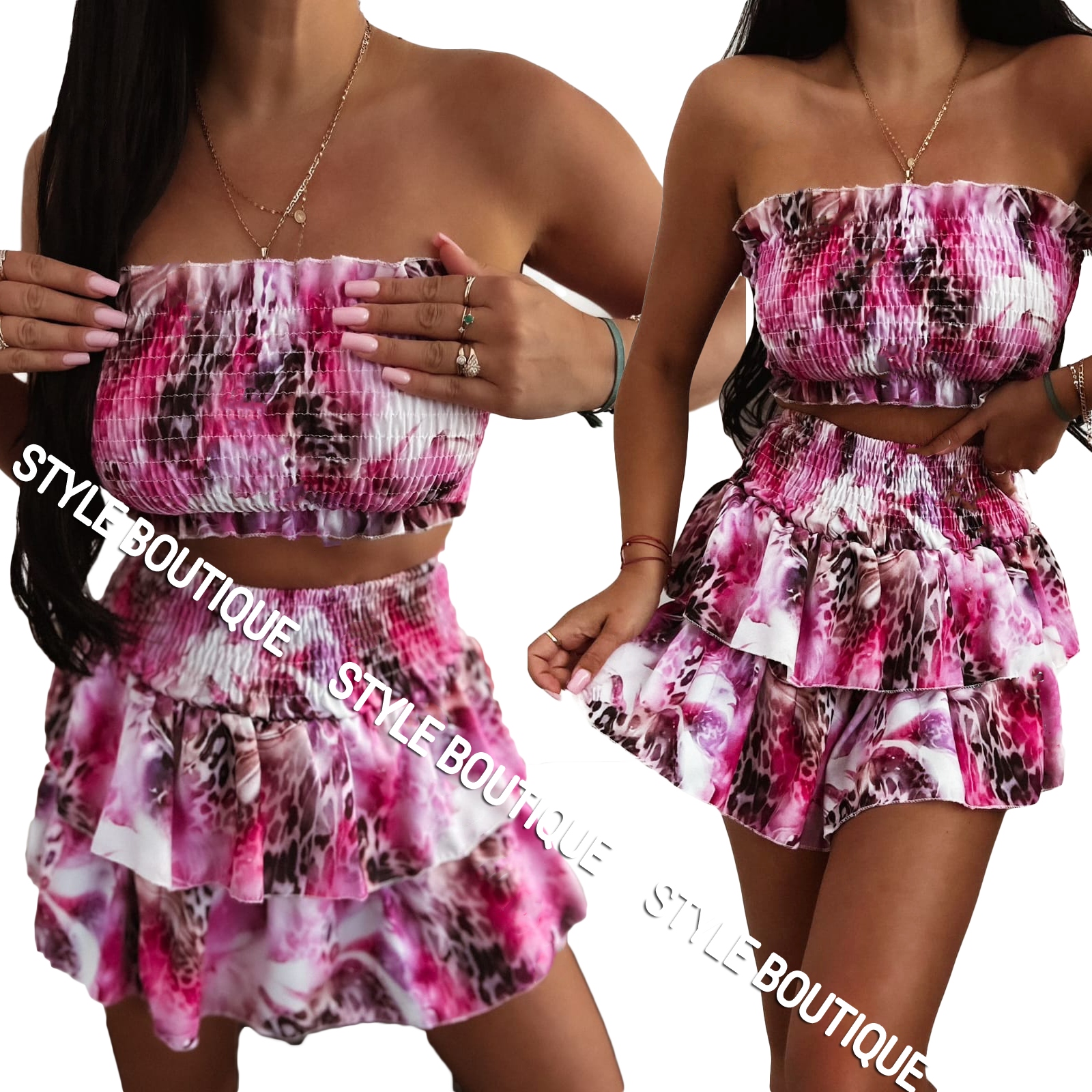 Letní komplet dámský topový pásek na poprsí sukně-kraťasy Panterka růžová M