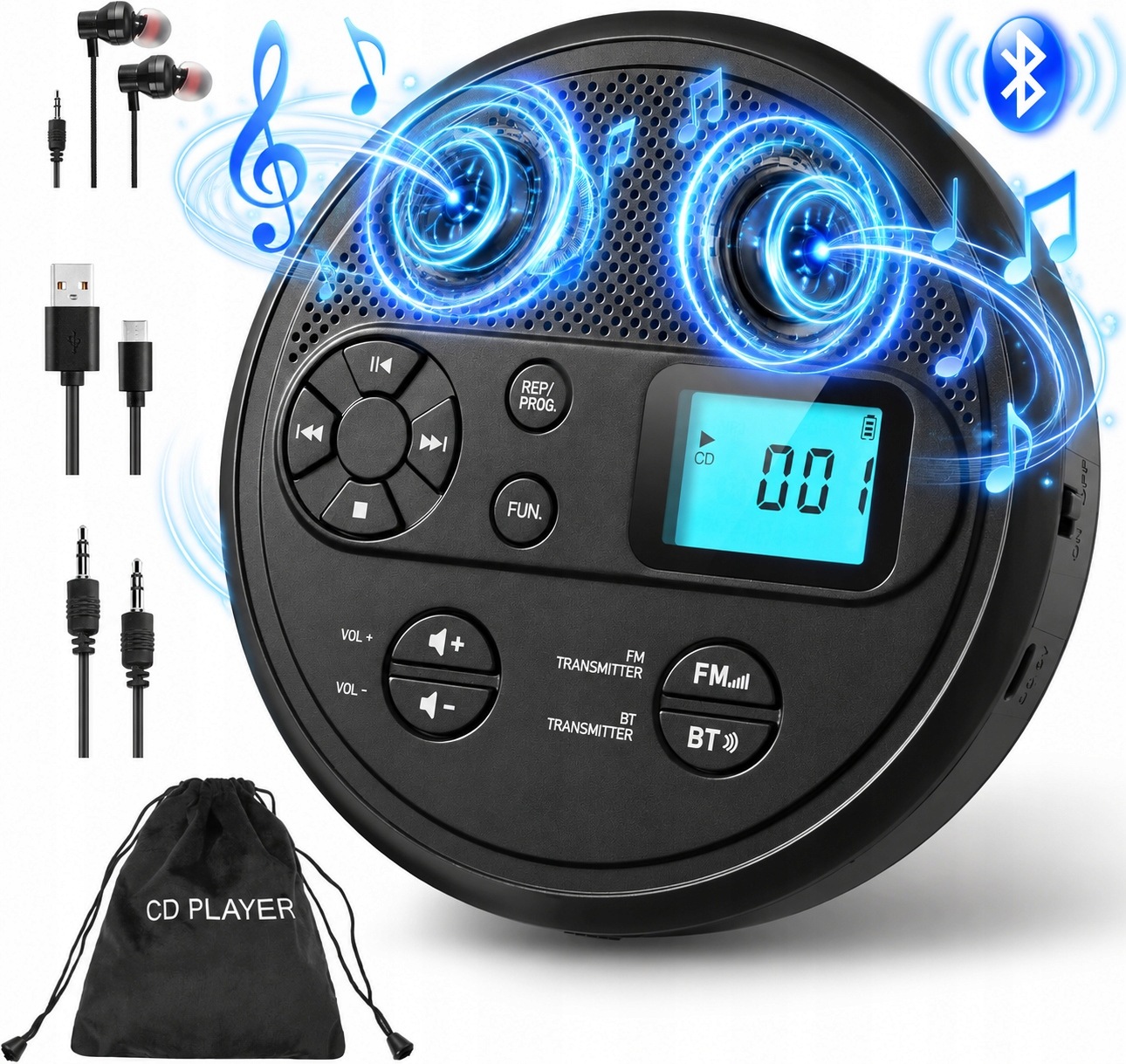 Odtwarzacz CD Bluetooth Prznośny Radio Fm Discman Głośniki MP3 Usb Aux