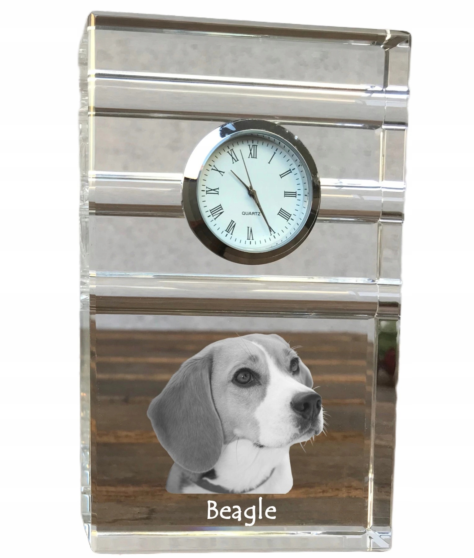 Beagle krištáľové stolové hodinky so psom, s vašou fotografiou, suvenír