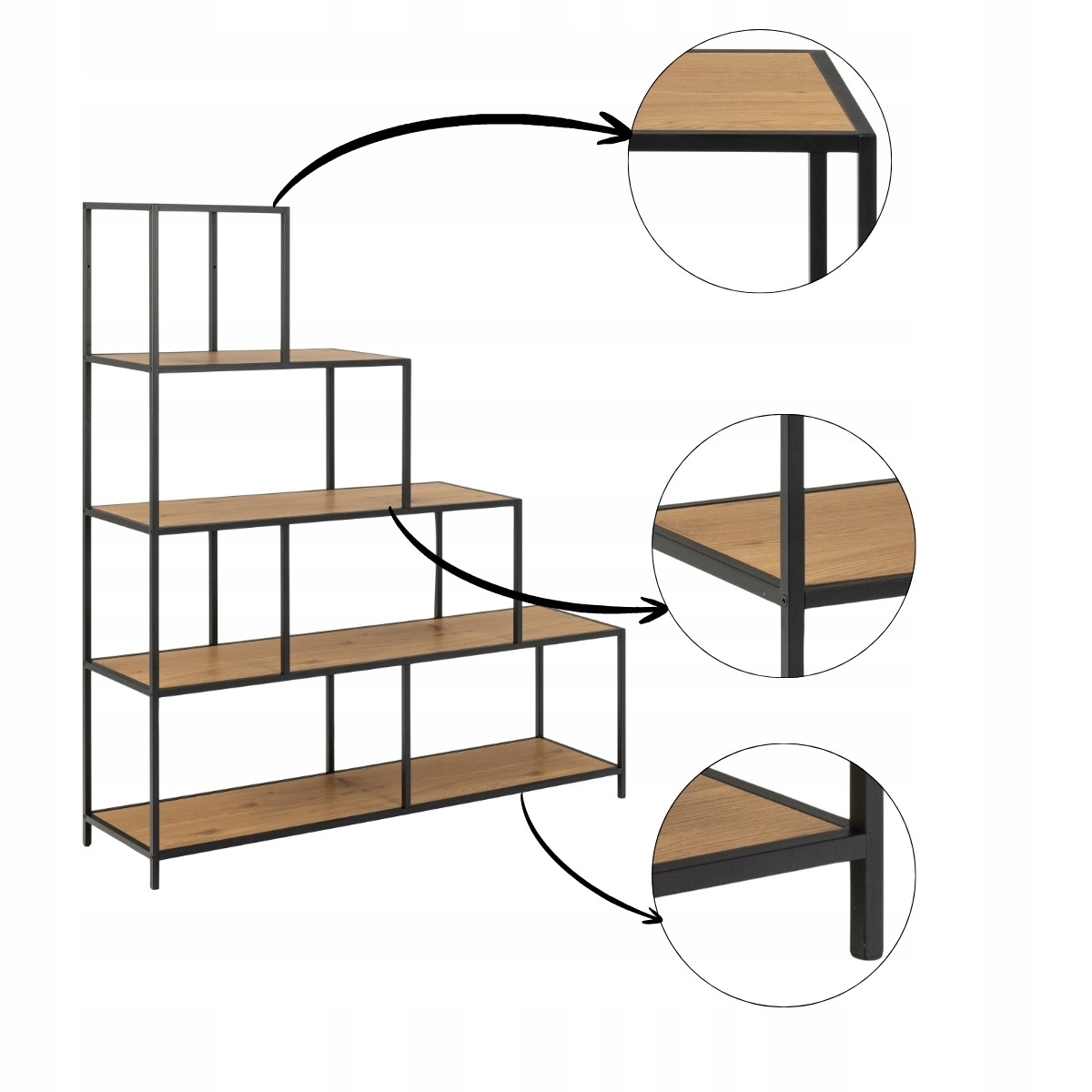 Otevřený moderní regál na knihy, dekorace, 4 police, hnědočerná barva
