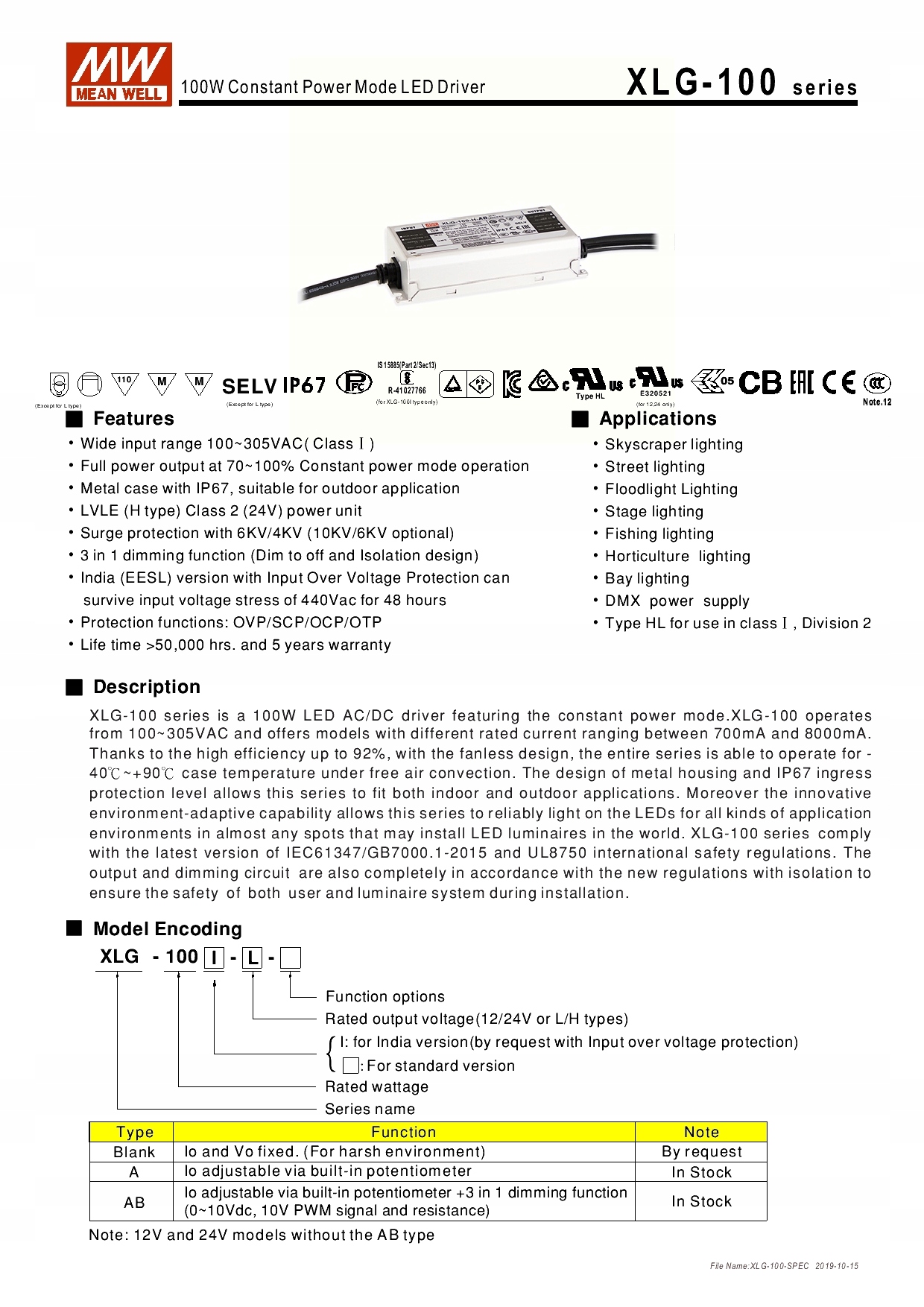 Zasilacz do LED Mean Well XLG-100-24-A 100W 24V IP67 Kod producenta XLG-100-24-A