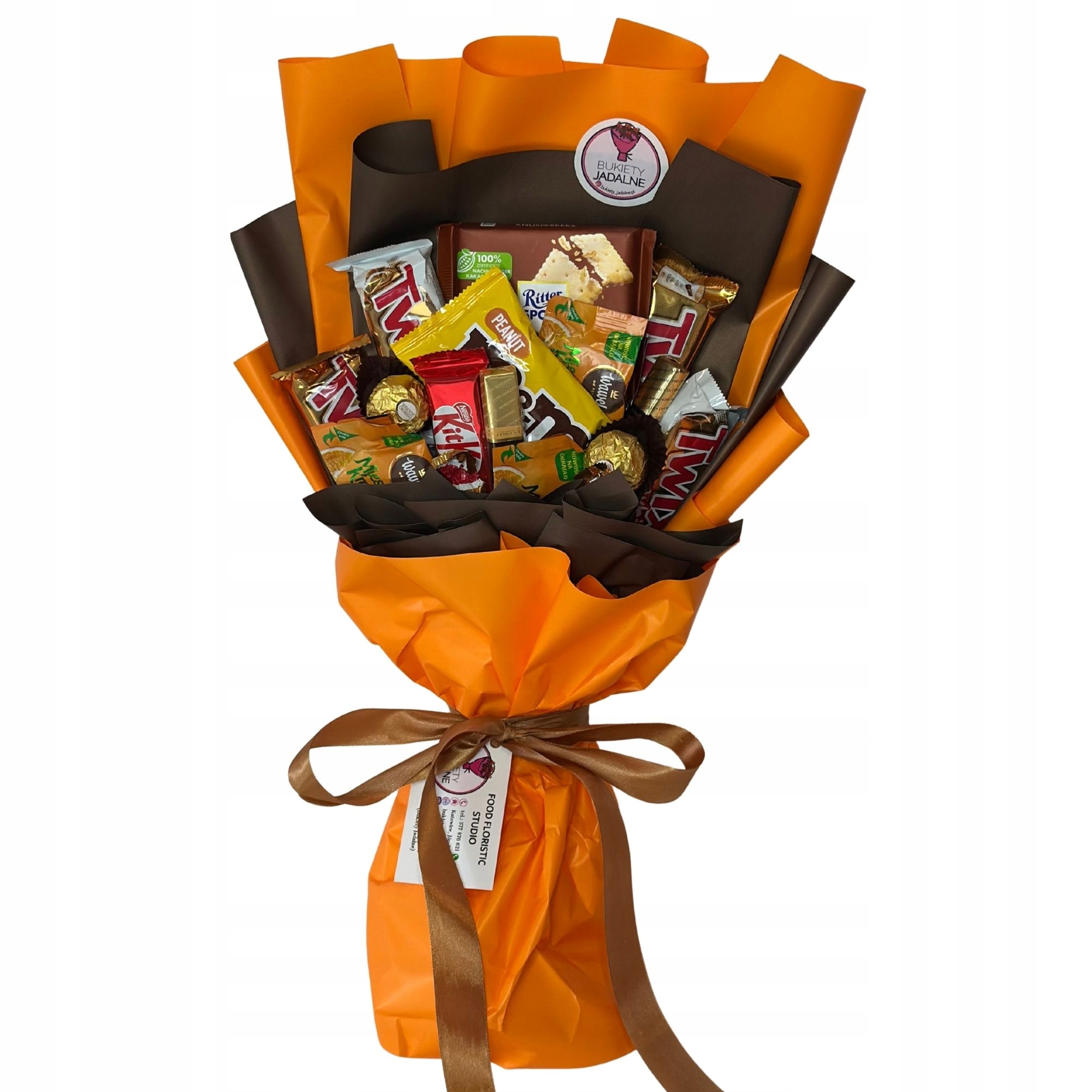 Levně Oranžově hnědá kytice plná sladkostí k narozeninám, poděkování