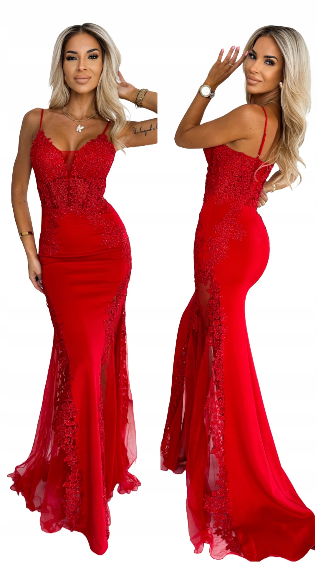 Boda dlouhé červené šaty s rybkou na ples, ples, svatební hostina Xs