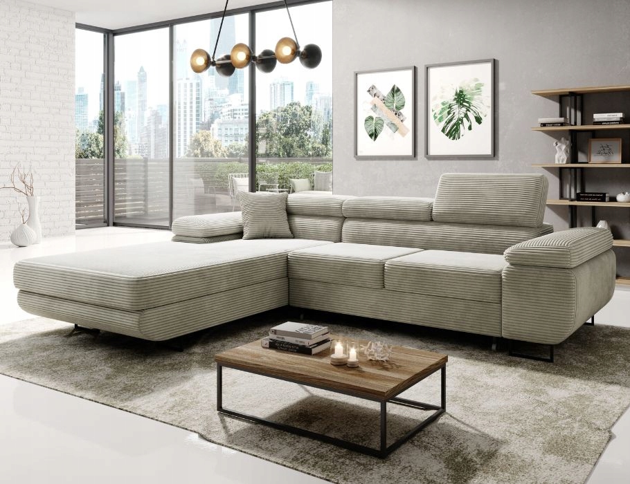 Pohodlný krémový rohová sedací souprava Astorp L v látce typu manšestr je ideální do obývacího pokoje.