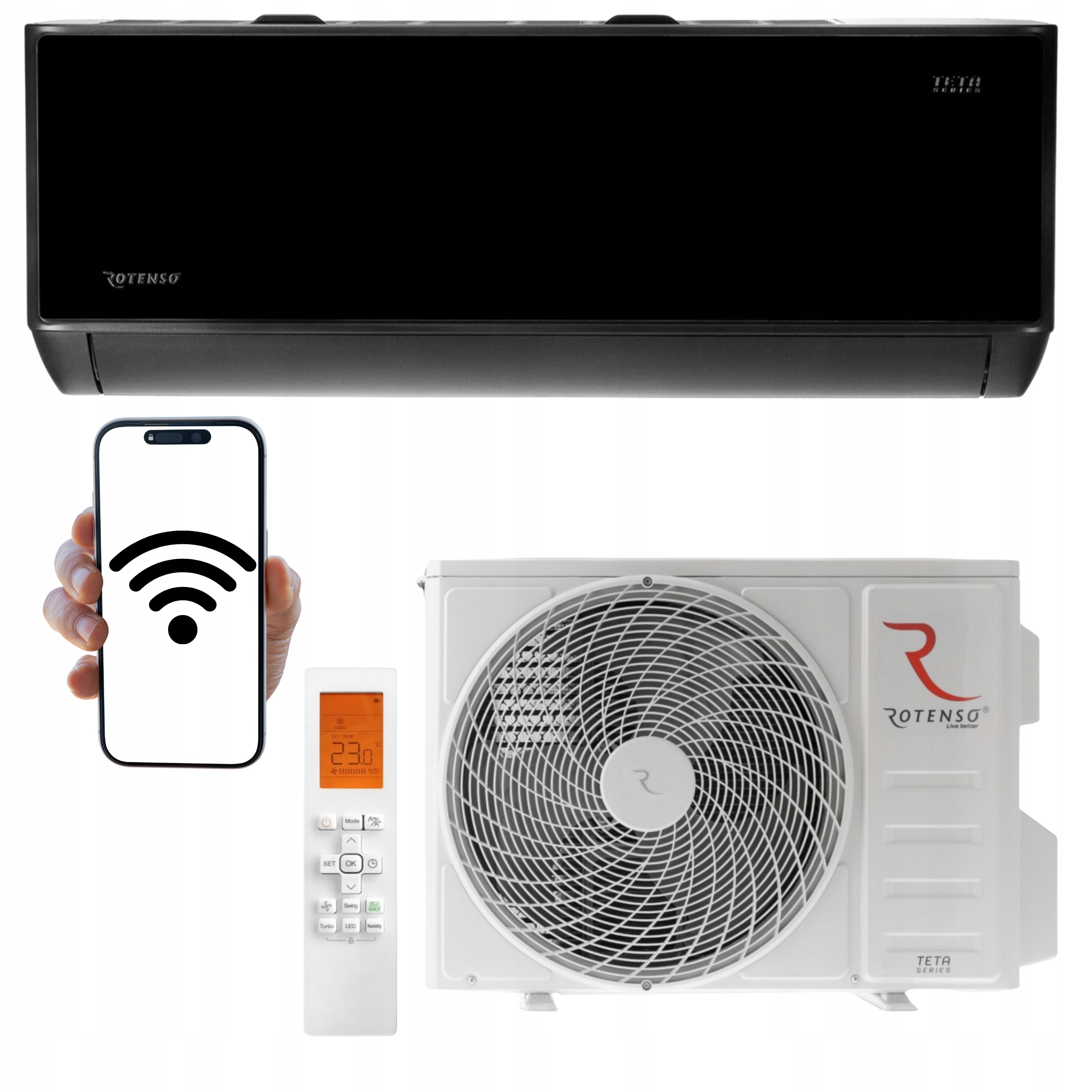 Domáci klimatizátor Rotenso Teta Mirror Čierny 2,6 kW 30 m2 WiFi Ohrievač