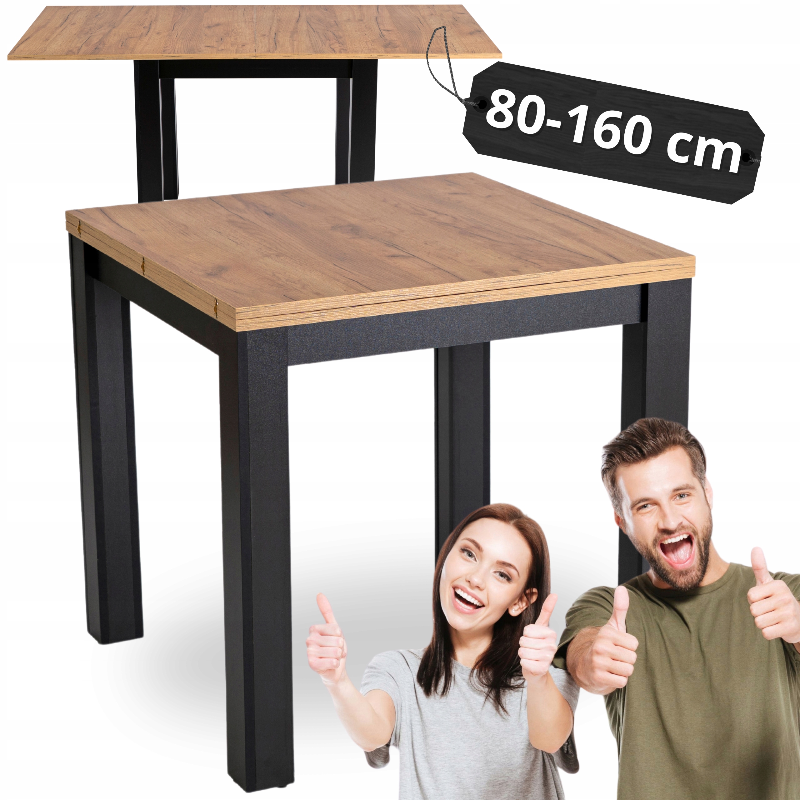 Rozkládací stůl Černý Craft Malý čtvercový do jídelny a obývacího pokoje Max 80/160