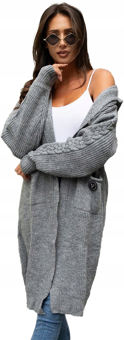 Kardigan Svetr Přehoz Teplý Dlouhý Měkký s kapucí Copánek vel. 40