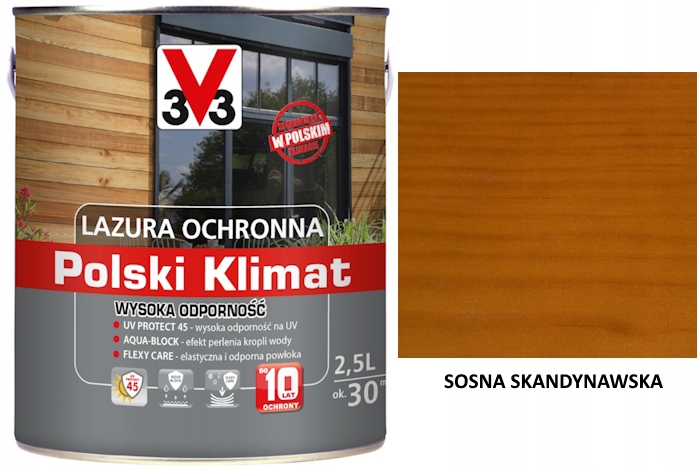 Lazura V33 Polský Klima 10 let 2,5 L odolná Borovice skandinávská saténová