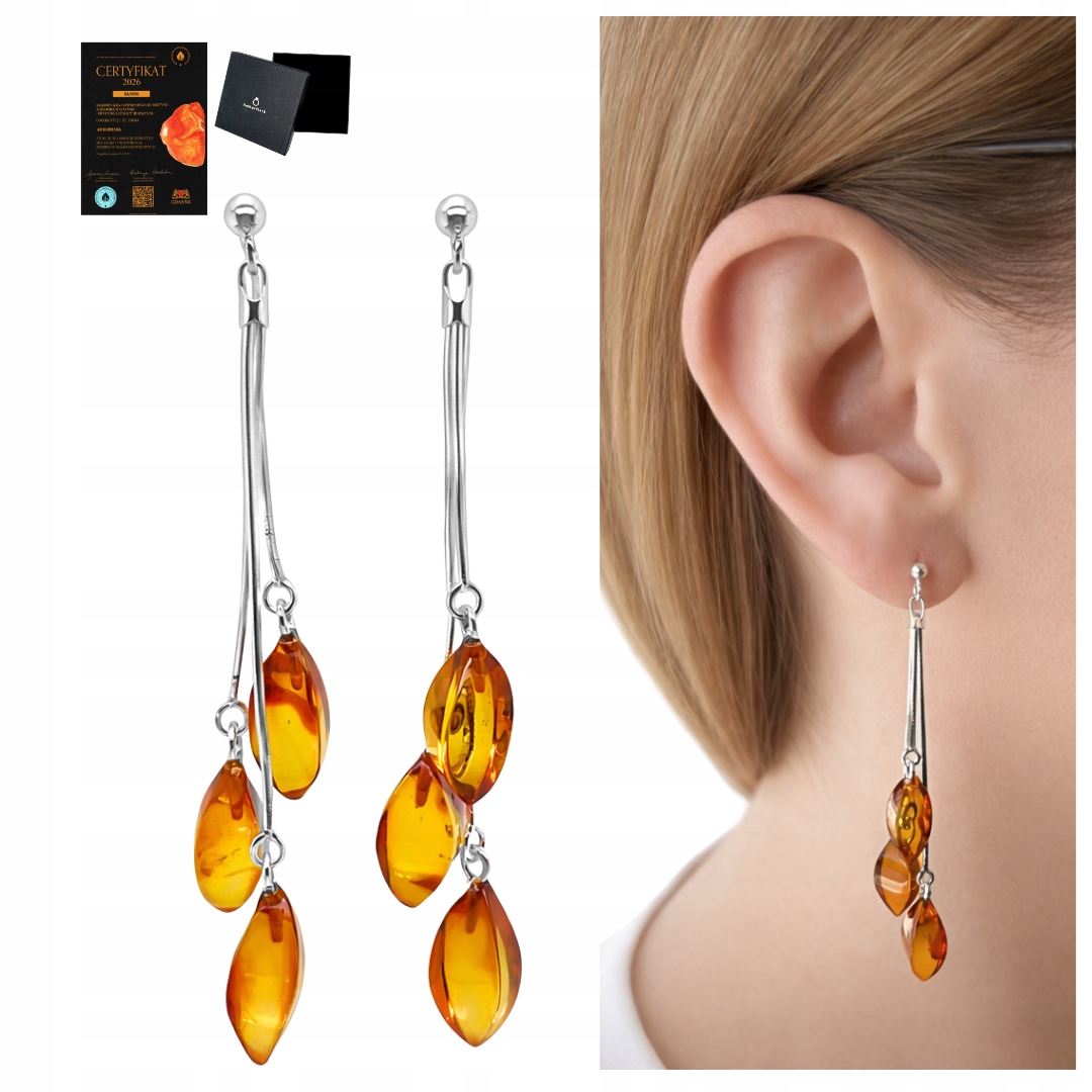 Náušnice závěsná tyčinka s baltským jantarem, dlouhé, stříbrné, ryzosti 925