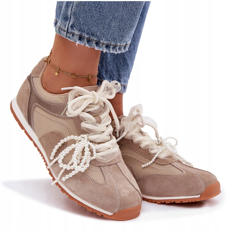 Sneakersy Damskie Skóra Zamszowa Miękka Wkładka Beżowe 37