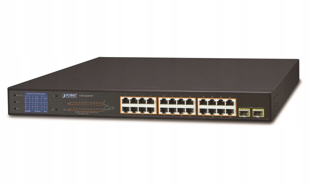 Planet GSW-2620VHP PoE switch, 24x PoE 2x Sfp 1000Base-X, LCD, Vlan, exte