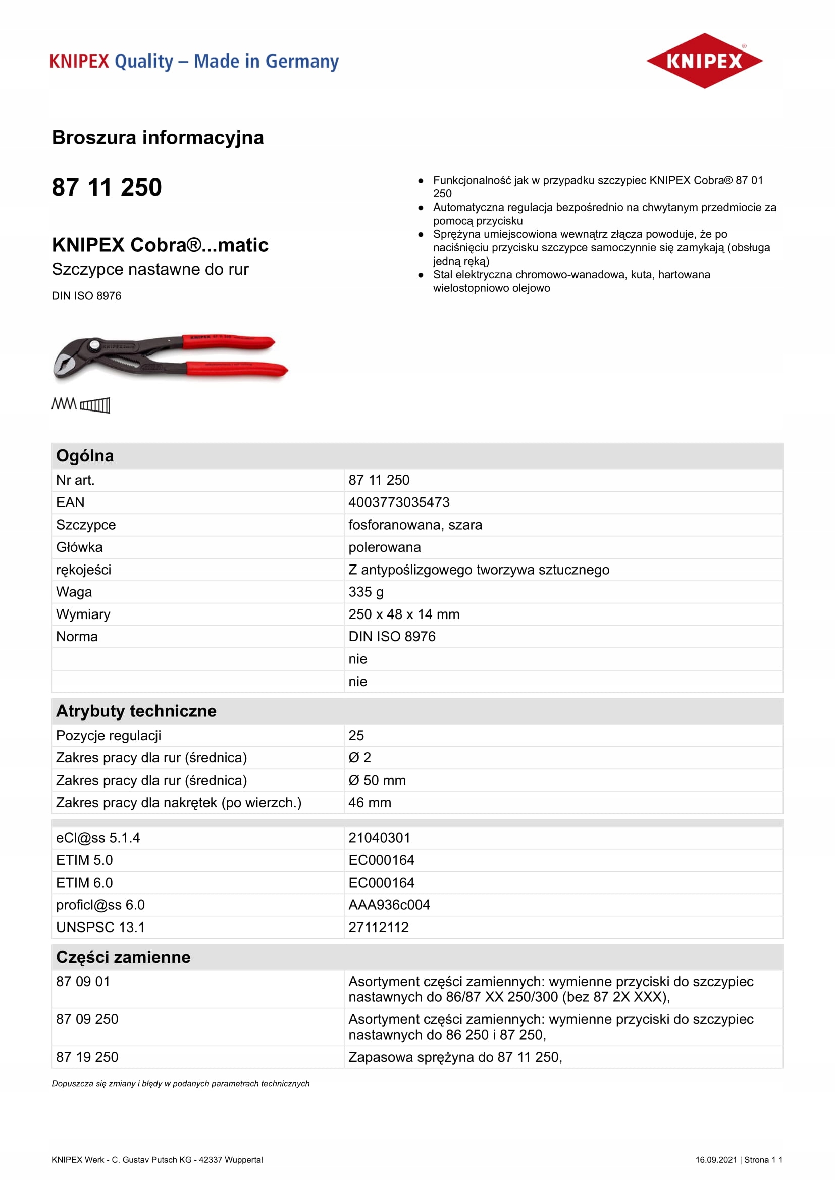 Knipex Nastavitelné Kleště Cobra 250 MM