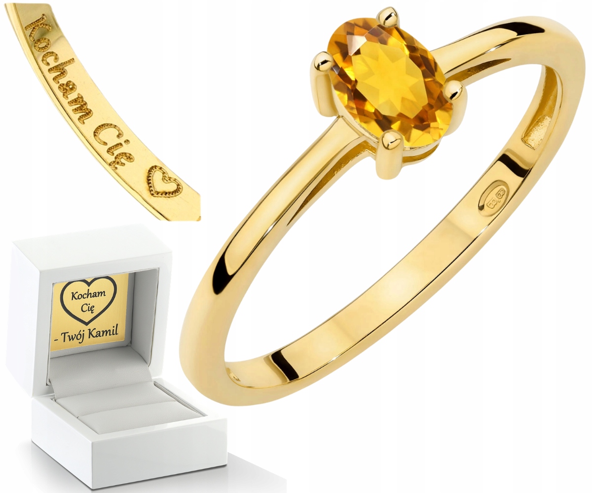 Zlatý Prstýnek Přírodní Citronový Kámen Drť 585 14K Gravírování