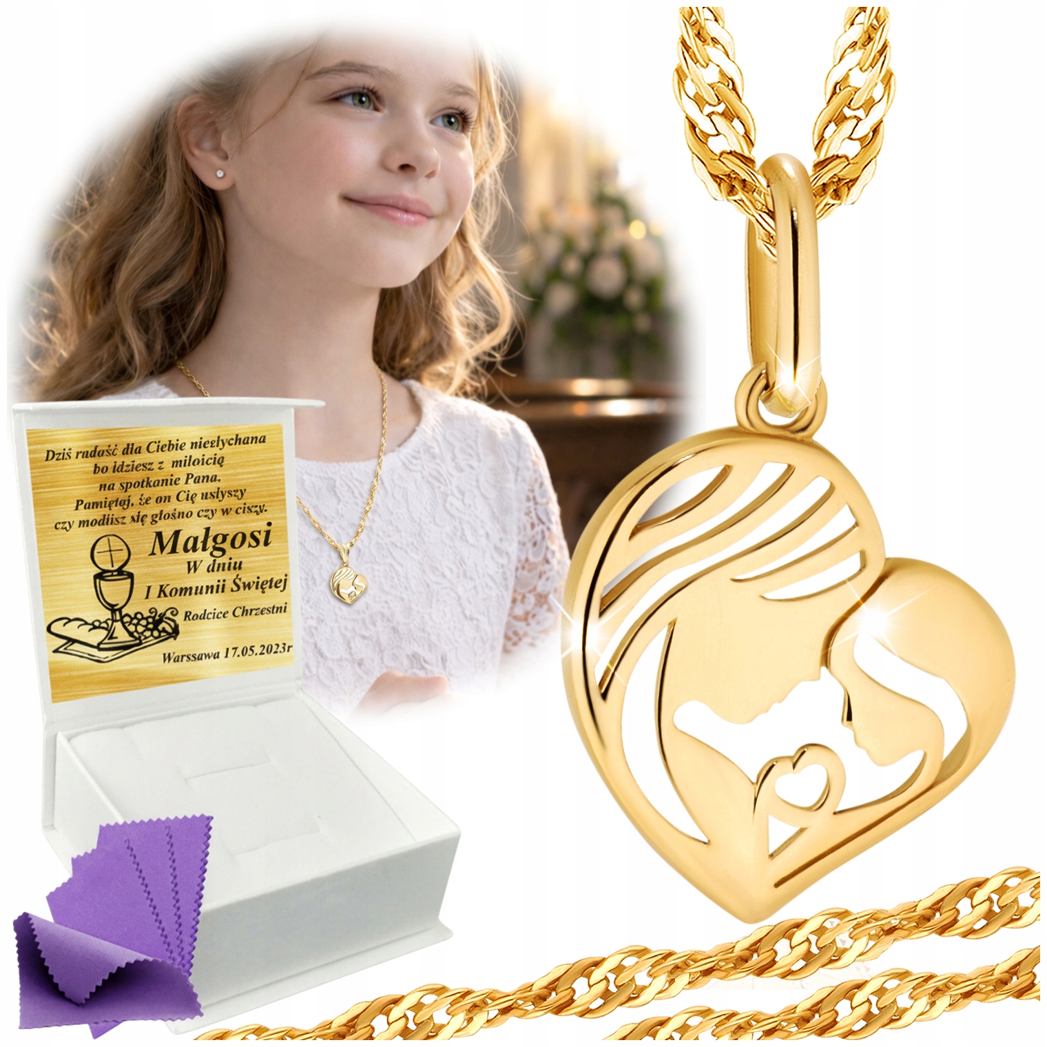 Złoty Łańcuszek z Medalikiem Matki Boskiej 333 Na Komunię Chrzest Grawer