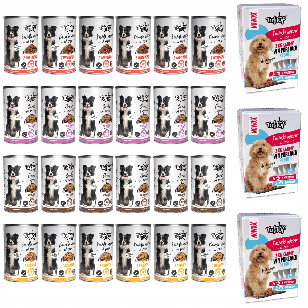 Levně Vlhké Krmivo Pro Psa Tuf Tuf Plechovka 24x415G 3x Box 4x500G MIX Chutí