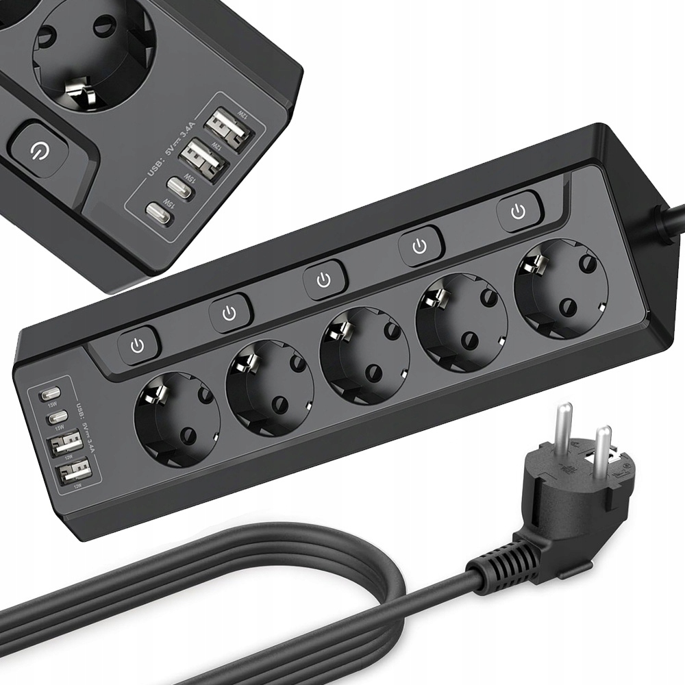 Prodlužovací Kabel Zásuvková Lišta Síťová 5 zásuvek 230V 2M 4x Usb nabíječka