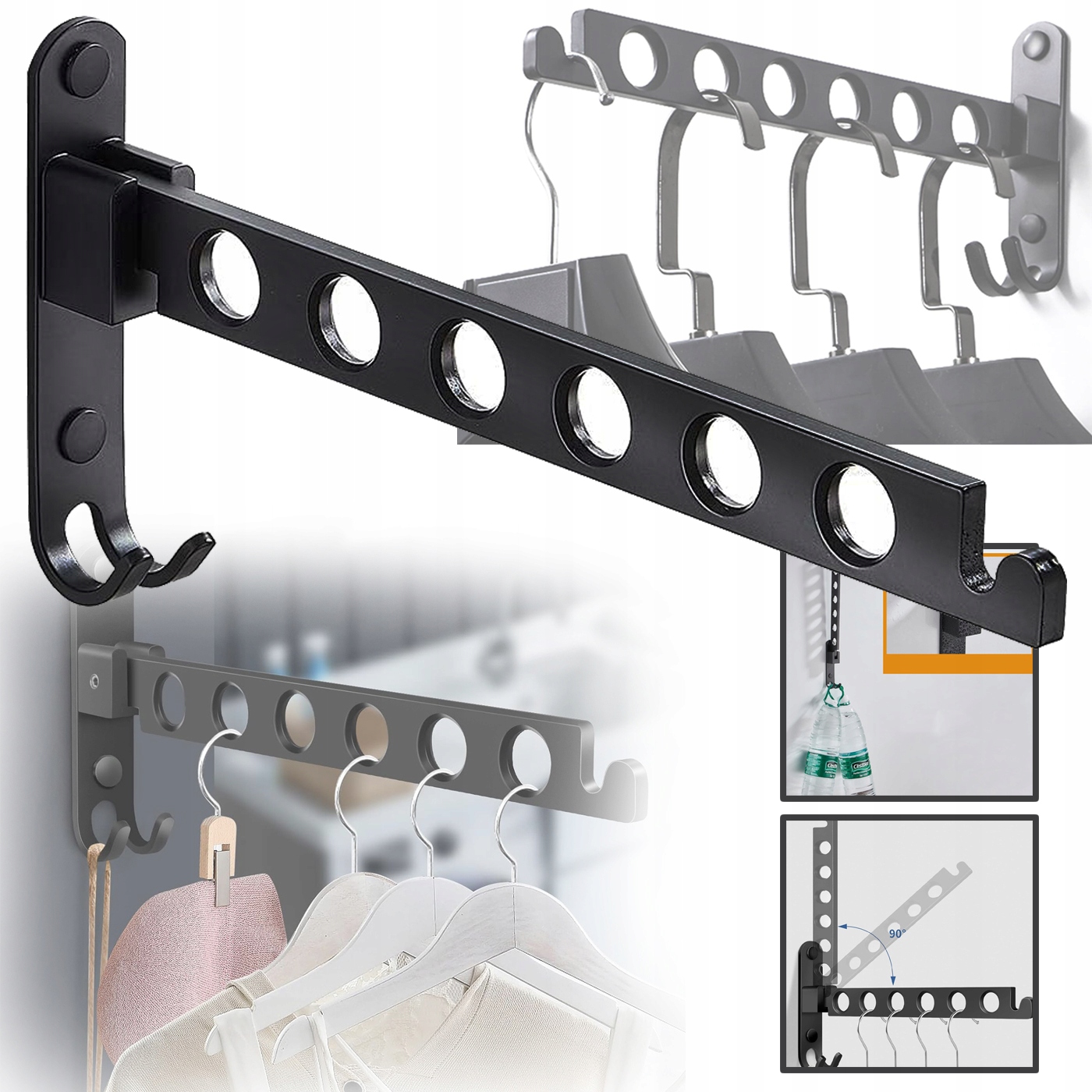 Nástěnný věšák, skládací háček na oblečení, přišroubovaný, pevné černé lepidlo