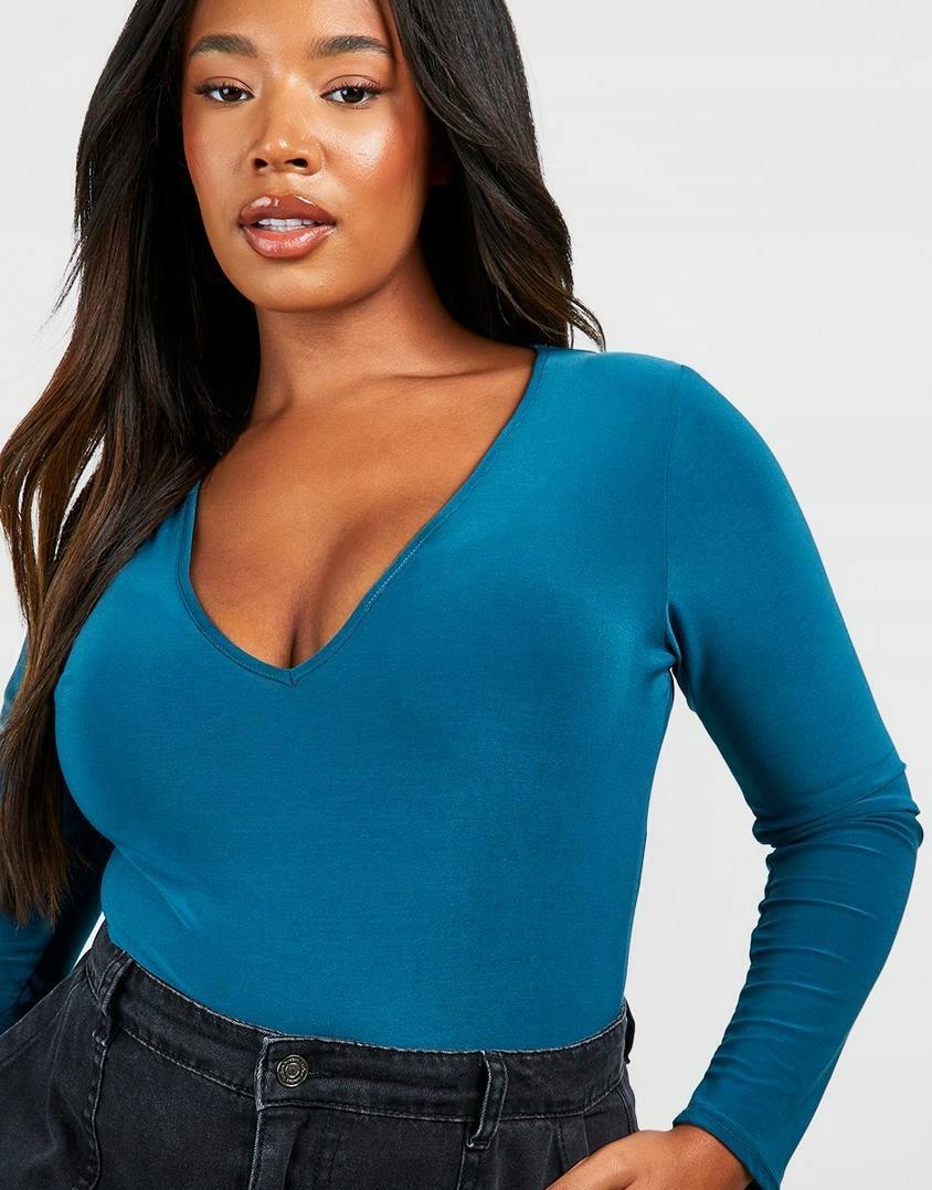 ZIELONE GŁADKIE ELASTYCZNE BODY DOPASOWANE DŁUGI RĘKAW BOOHOO 46