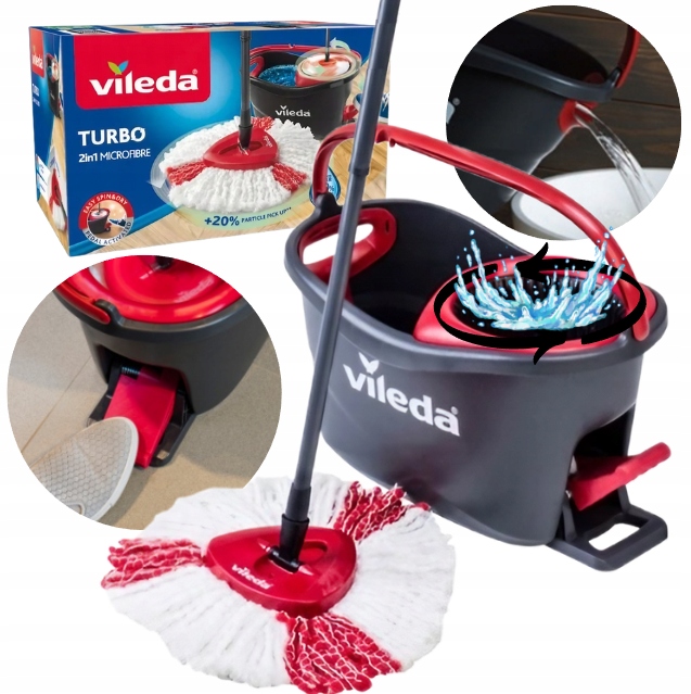 Vileda Mop Obrotowy Turbo 3W1 Z Wiadrem Wirówką Mikrofibra Okrągły Drążek