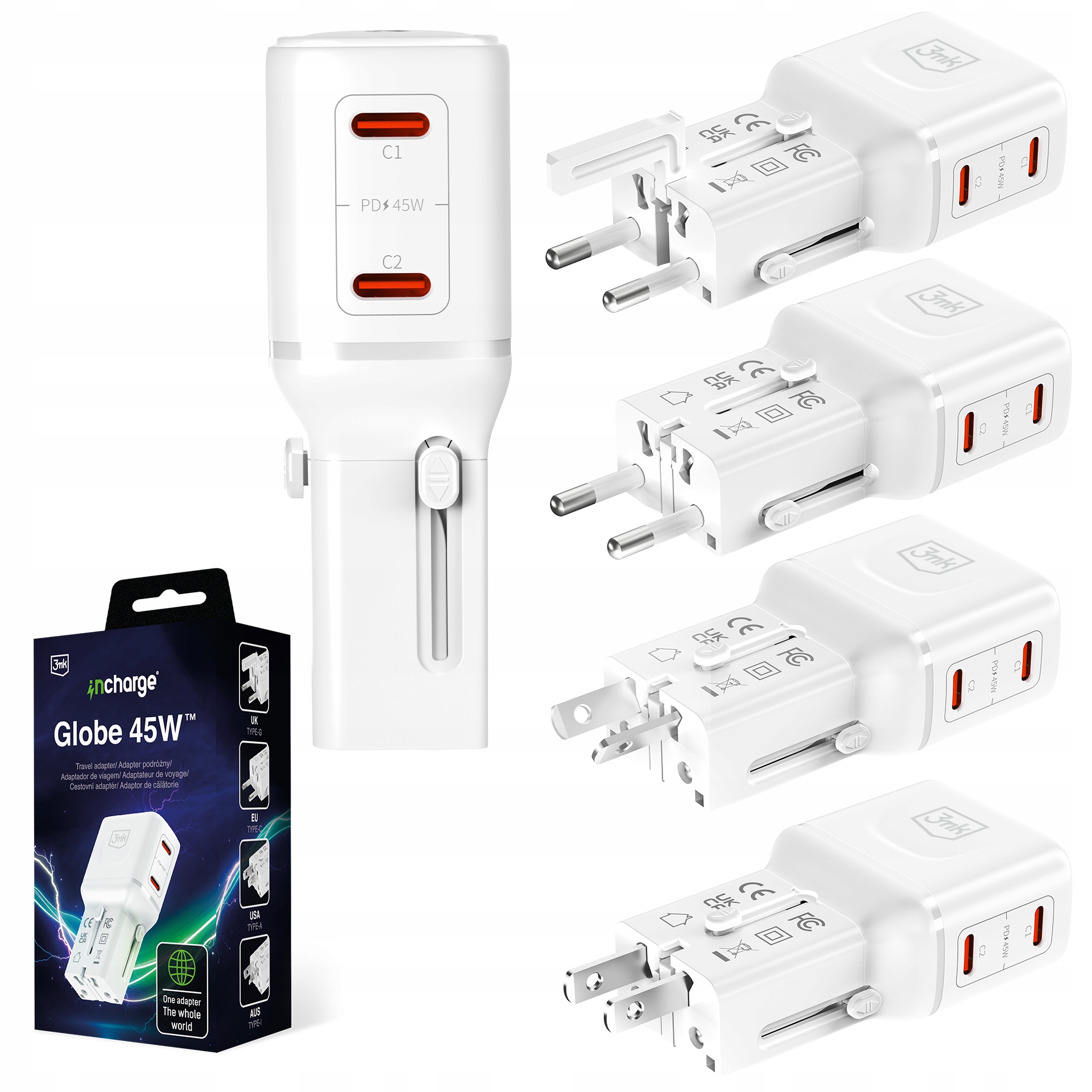 Ładowarka Podróżna Adapter 210 krajów GaN Usb-c Pd 3mk InCharge Globe 45W