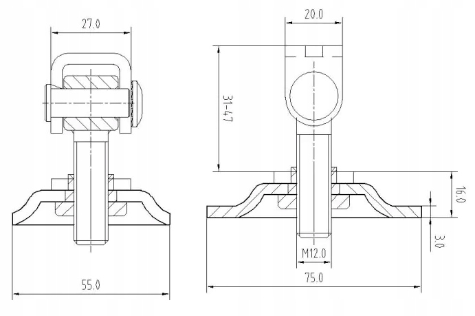 ZAWIAS DO FURTKI BRAMKI REGULOWANY Z PODSTAWĄ DO PRZYKRĘCENIA 75x55mm M12 Rodzaj regulowany
