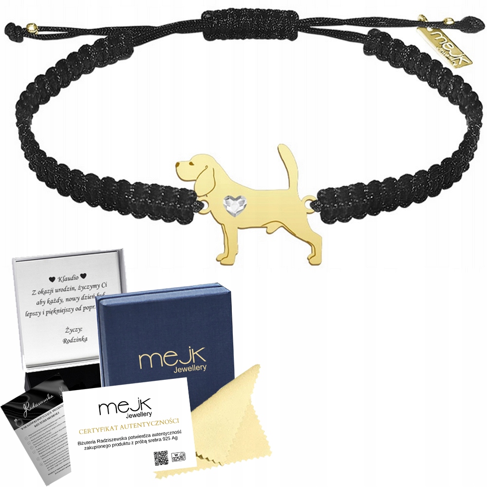 Zlatý náramek se psem Beagle 925 Pánský Makramé Dárek Gravírování Bonus