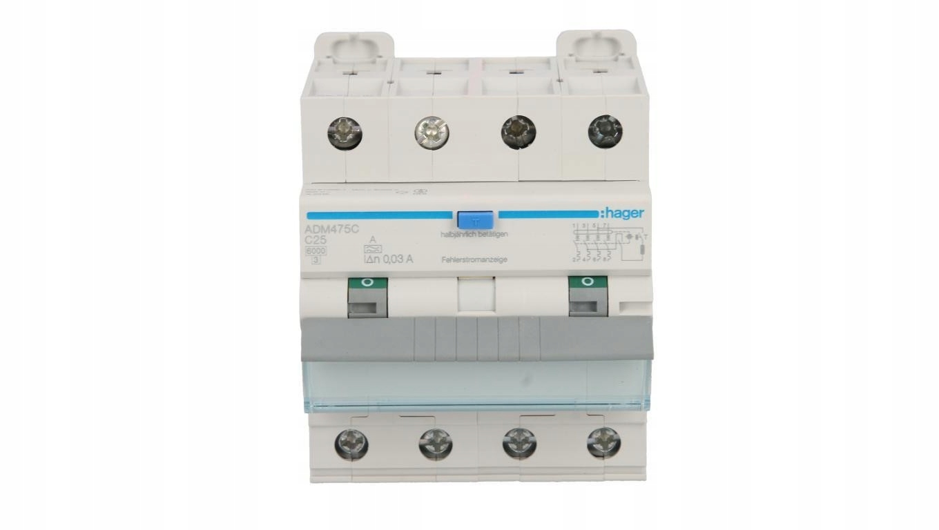 Hager Rcbo 4P C25A 0.03A Typ A Wyłącznik Różnicowoprądowy 6kA ADM475C