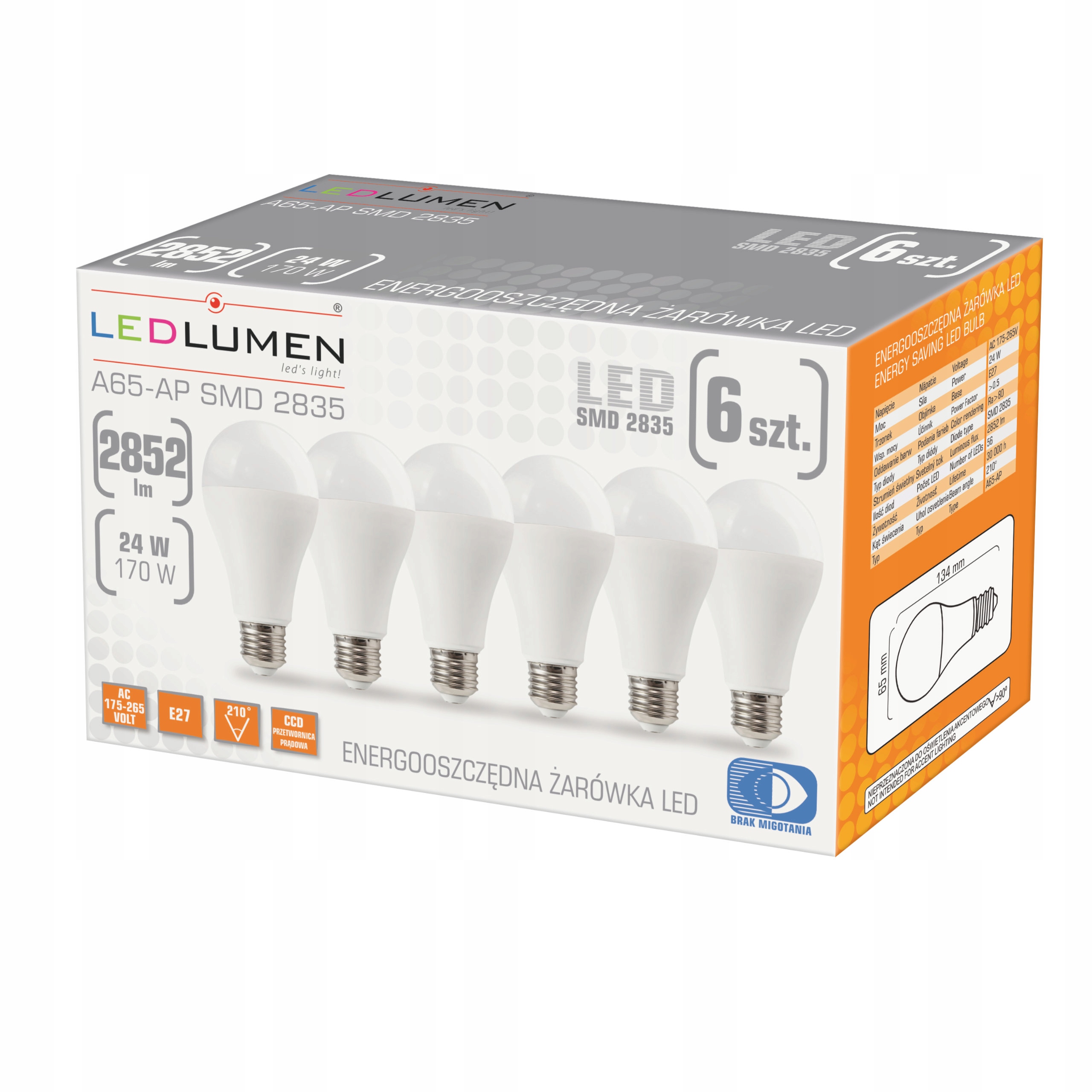 

Zestaw 6x Żarówka Led E27 A65 24W=170W 2852lm CCD