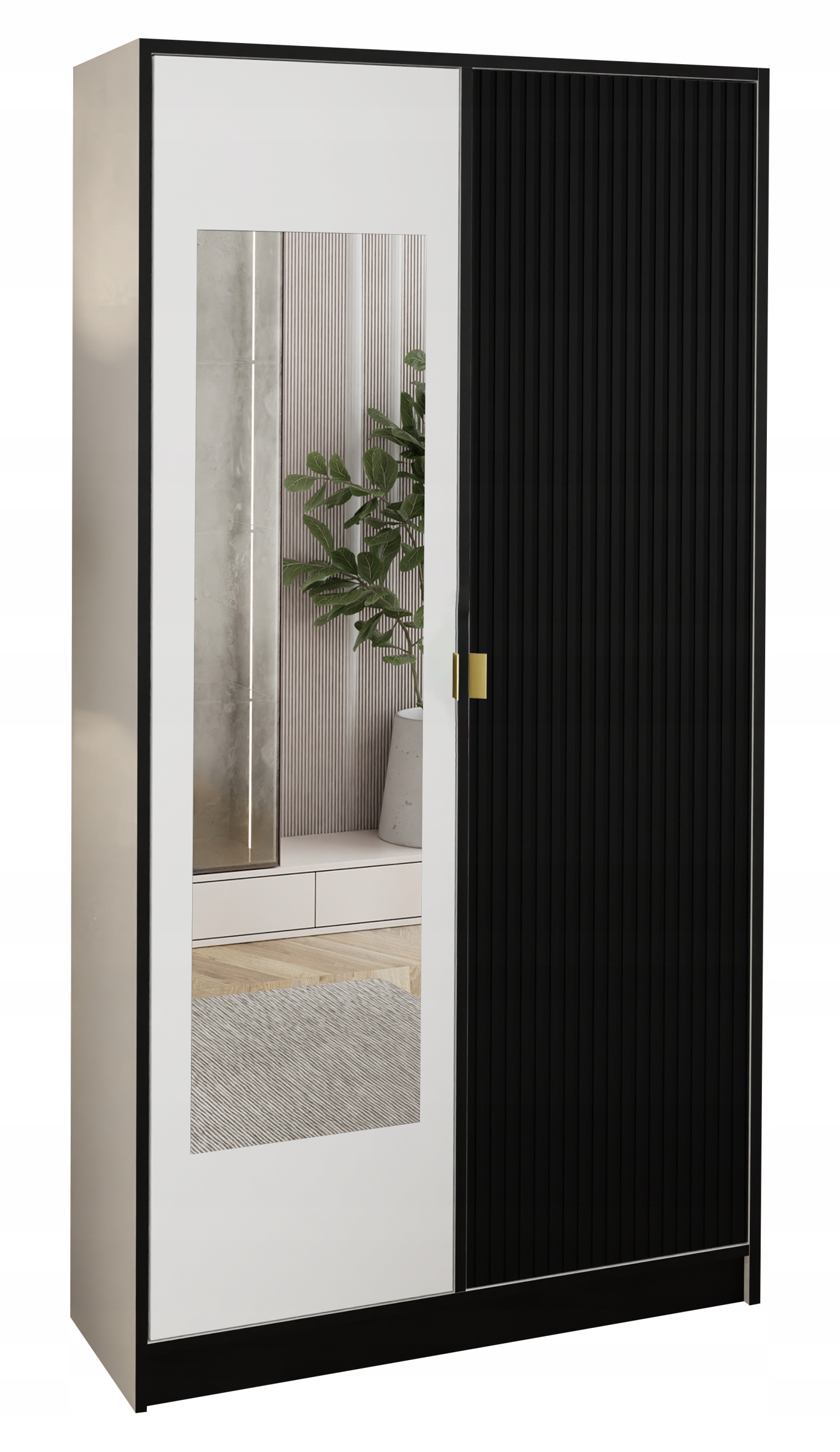 Skříň šatní skříň Lumi 105 2D Bílá Černá drážkovaná zrcadlo Dior rukojeť zł.