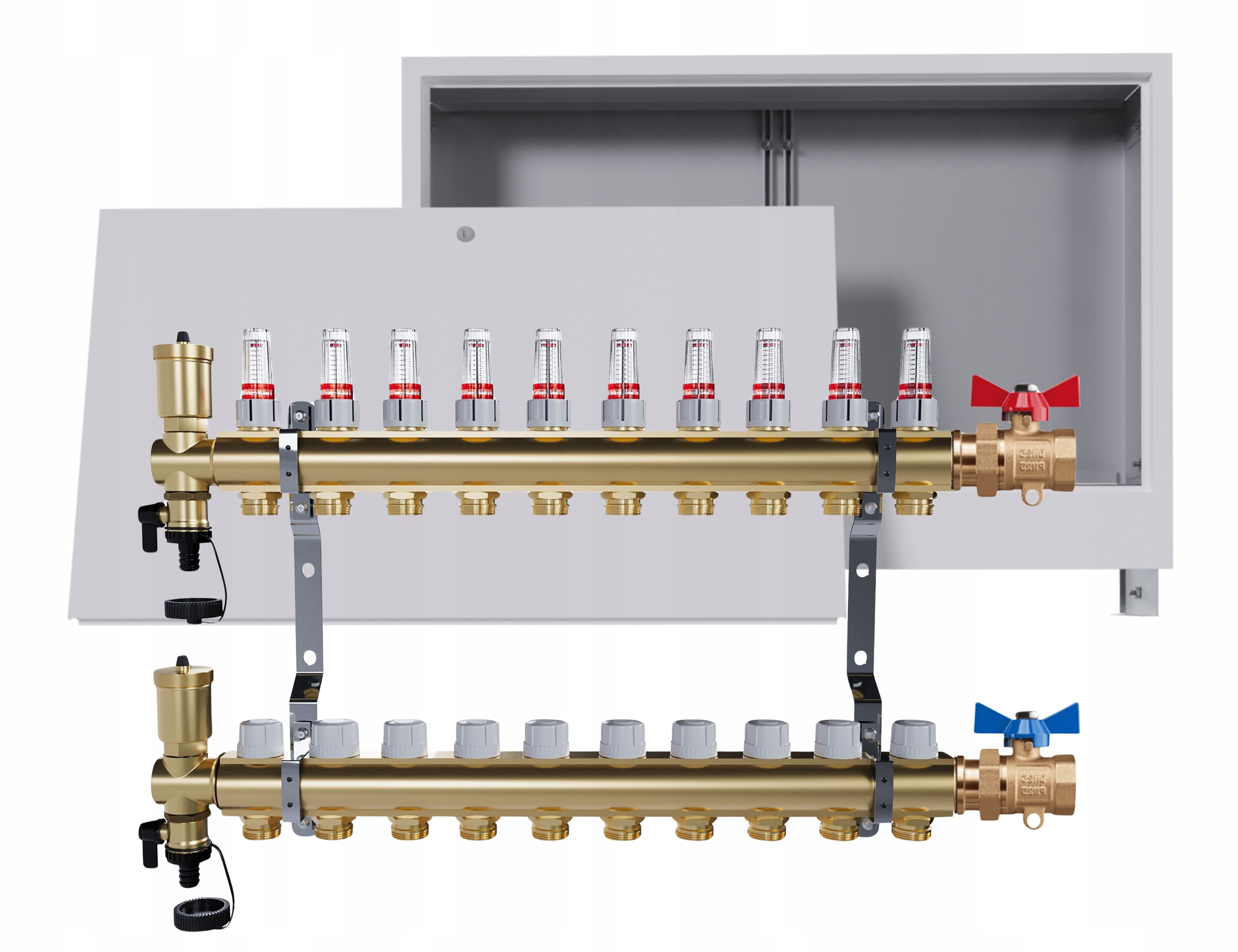 Rozdělovač podlahový mosazný 10 okruhů Podomítková skříň Jednoduchý ventil