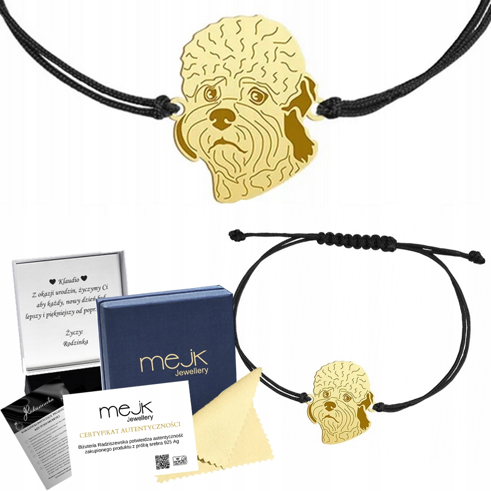 Zlatý náramek se psem Dandie Dinmont Terrier 925, šňůrka Gravírování Bonus