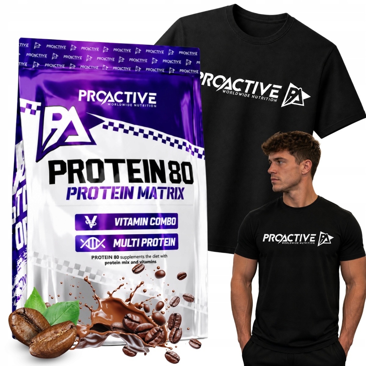 Sada Bílkovin ProActive Protein 80 2250 Latte+ T-shirt XL