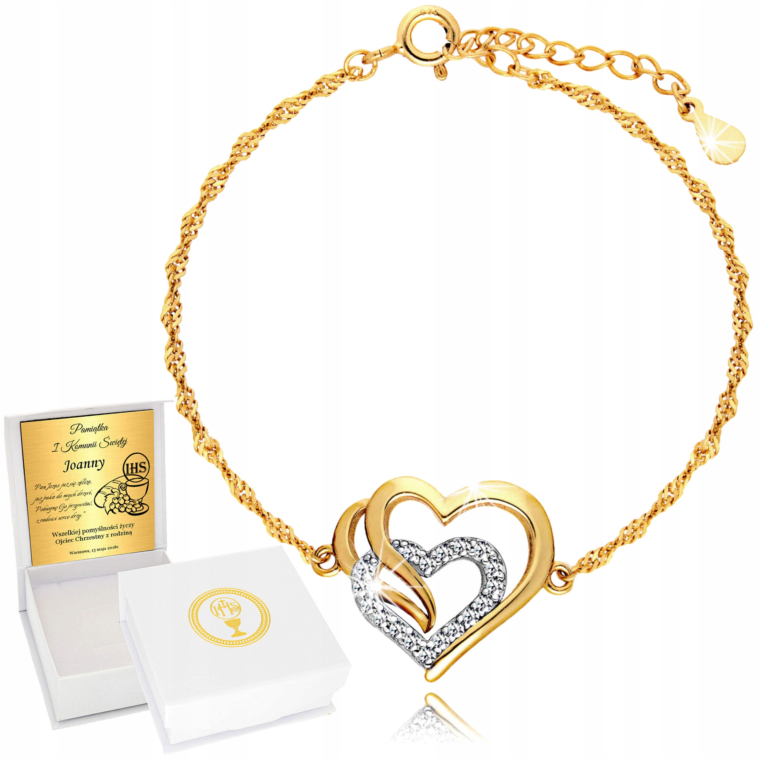 Złota bransoletka SERDUSZKO 925/585 PREZENT DLA DZIEWCZYNKI KOMUNIA GRAWER