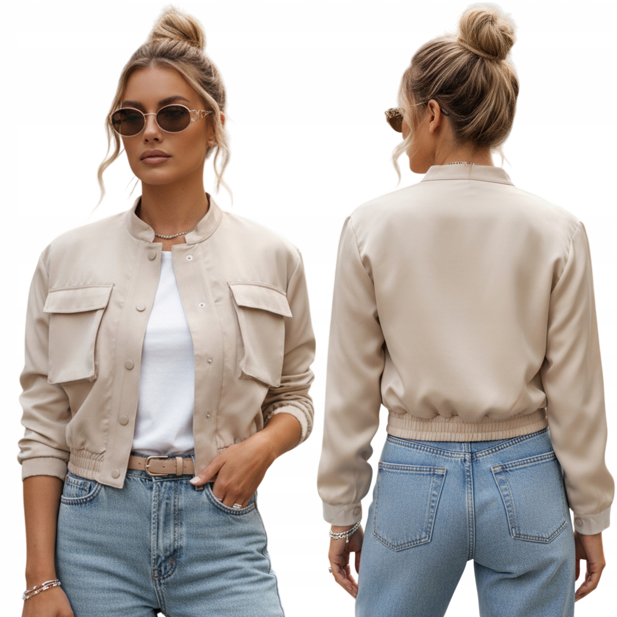 Kurtka damska bomberka zapinana na napy beżowa TY4306 L