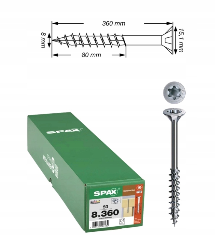 Univerzálne skrutky Wirox pre konštrukciu dreva Spax 8 x 360 mm 50 ks