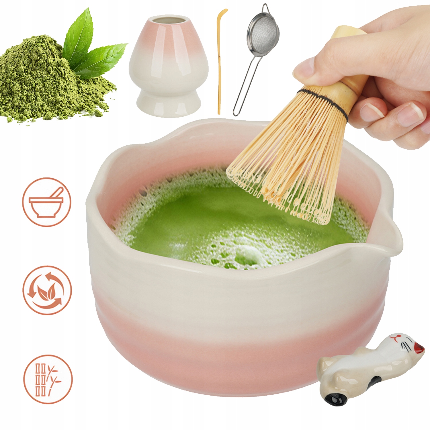 Zestaw Do Herbaty Matcha 6 El. Różowy Z Miską I Kocim Uchwytem Na Łyżeczkę