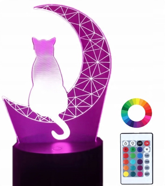 

Lampka Nocna Led 3D Kot na Księżycu Grawer Imię