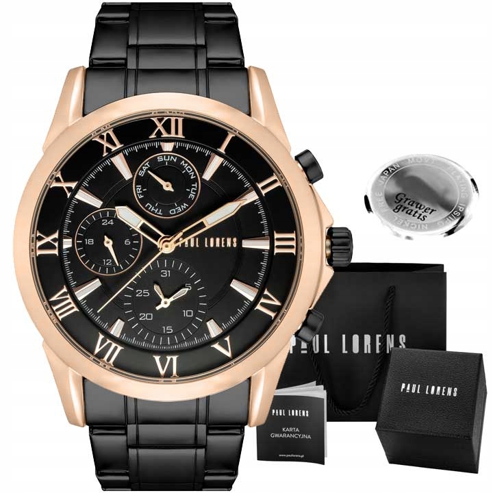 Pánské hodinky Paul Lorens Nexton multi-datumovka Černý stylový Box Gravírování