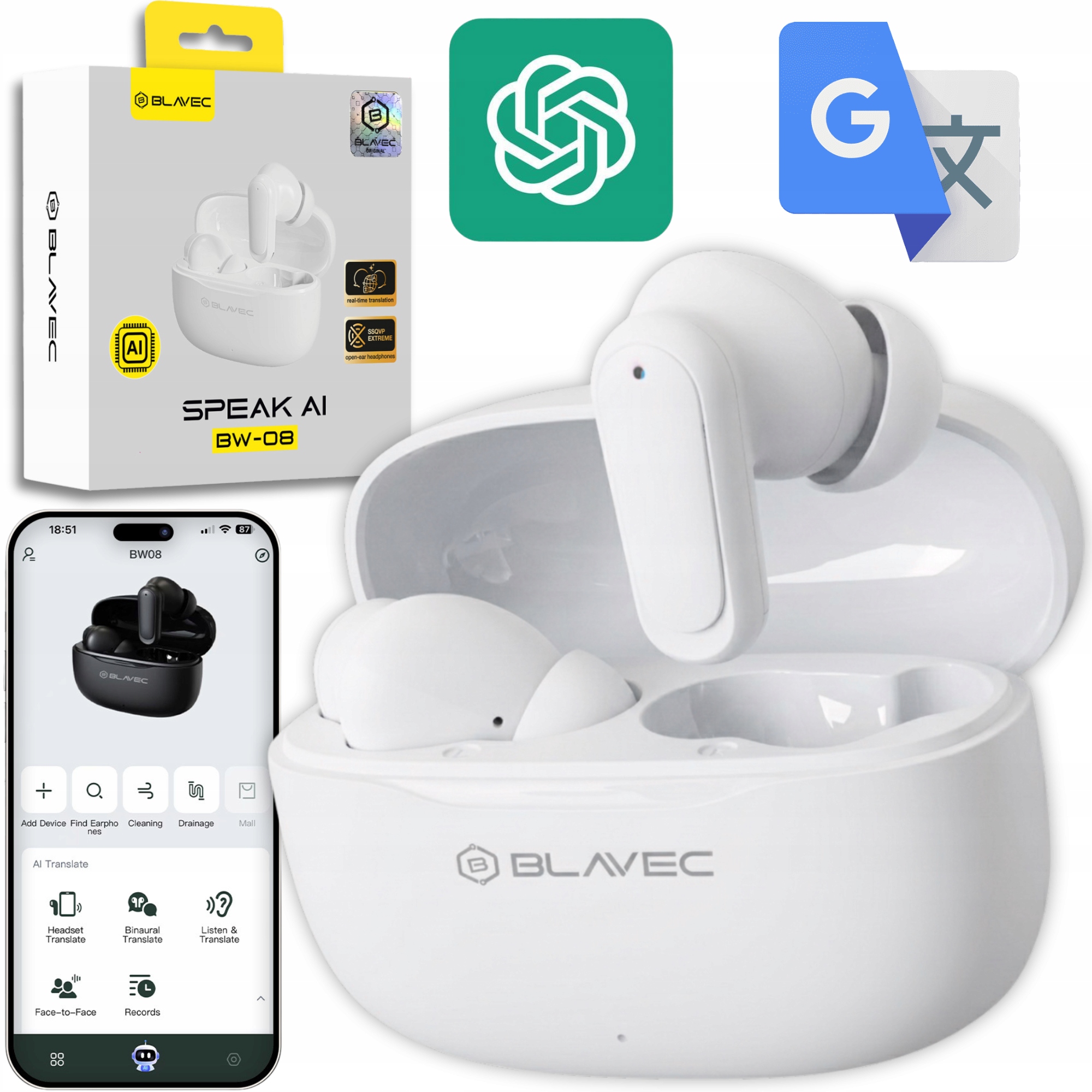 Słuchawki Bezprzewodowe Douszne Bluetooth Tws z Tłumaczeniem Rozmów Ai