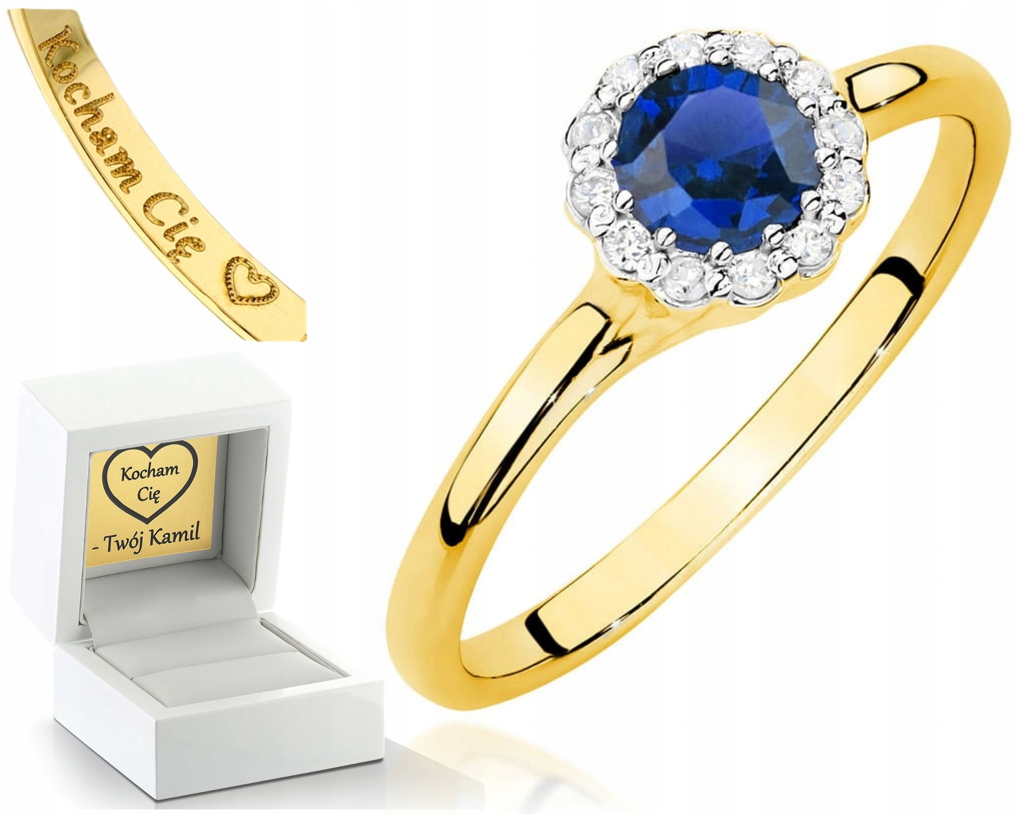 Zlatý Prstýnek Se Safírem A Diamanty, Žluté Zlato, Gravírování 585